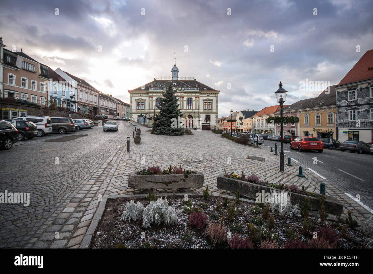 City hall of Weitra on a cloudy winter day, Waldviertel, Austria Stock Photo