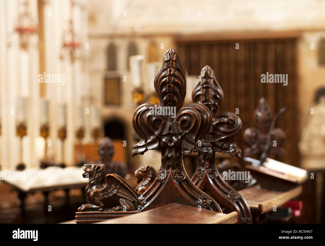 Wooden carving on pews in Bath Abbey, Somerset Stock Photo