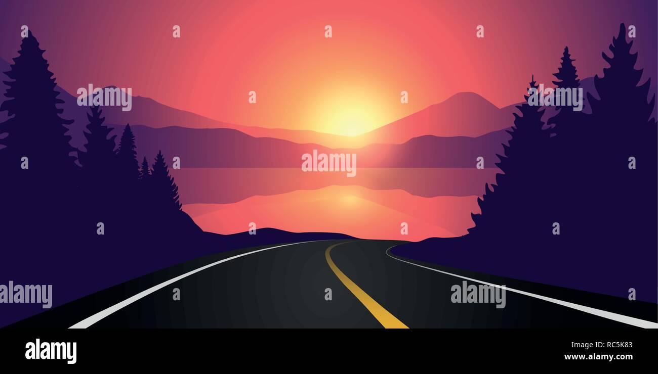 road to the lake in the forest at sunrise with mountain landscape vector illustration EPS10 Stock Vector