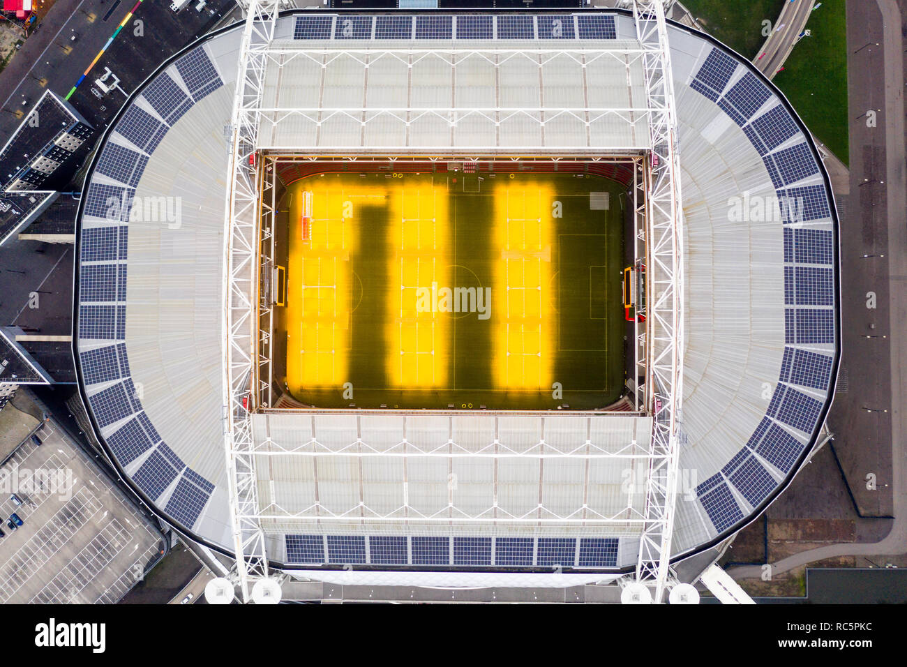 JANUARY 7, 2019, Amsterdam, Netherlands : Johan Cruyff Arena is the home of AFC Ajax soccer club in Amsterdam feat interior and exterior from roof top Stock Photo