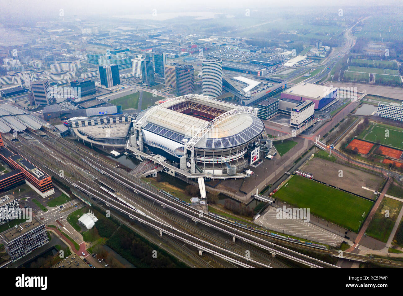 JANUARY 7, 2019, Amsterdam, Netherlands : Aerial Johan Cruyff Arena is the main stadium of AFC Ajax soccer club and Netherlands national football team Stock Photo