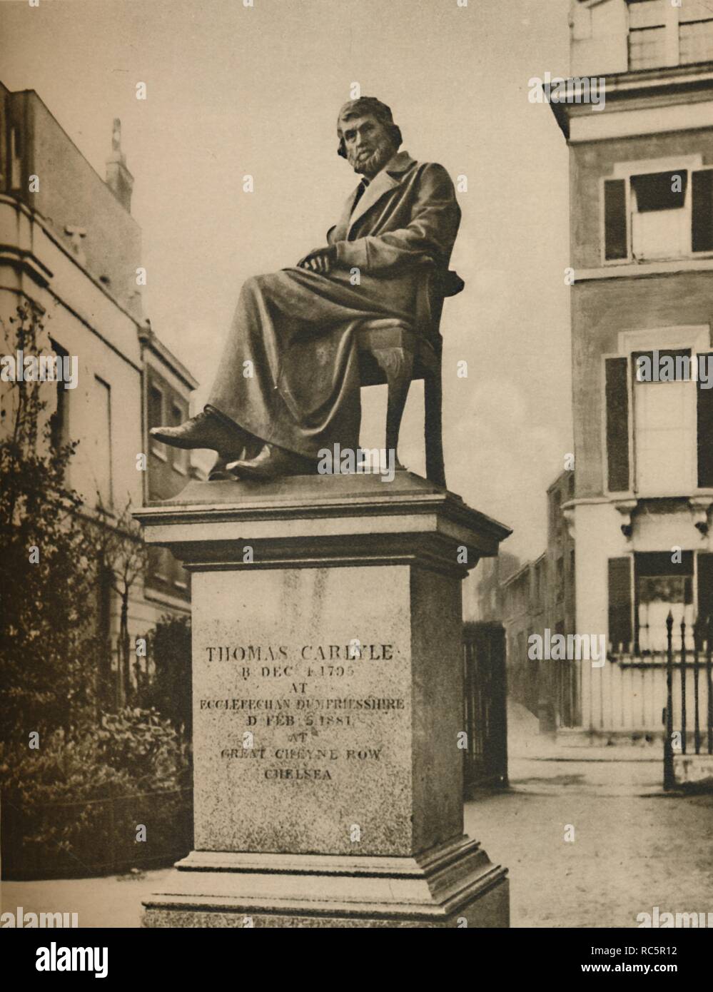 'In Cheyne Walk Gardens Thomas Carlyle Eternally Ponders Philosophy', c1935. Creator: Donald McLeish. Stock Photo