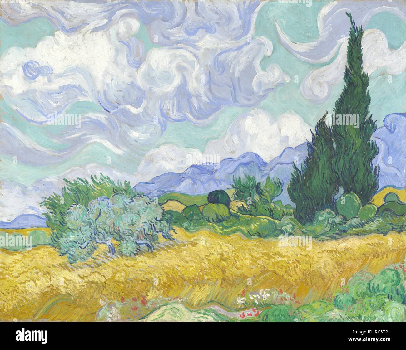 A Wheatfield, with Cypresses. Museum: National Gallery, London. Author: VAN GOGH, VINCENT. Stock Photo