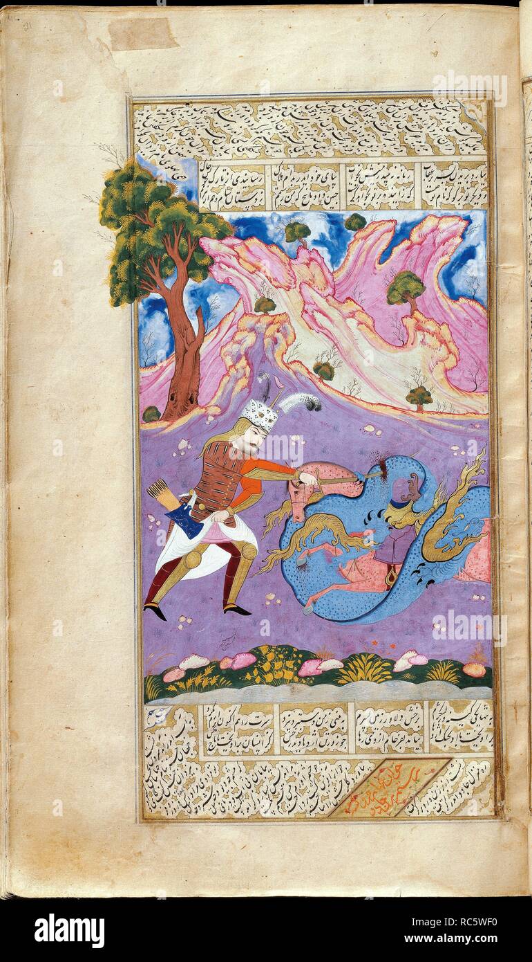 Rustam Kills the Dragon. (Manuscript illumination from the epic Shahname by Ferdowsi). Museum: The David Collection. Author: Muin Musavvir. Stock Photo