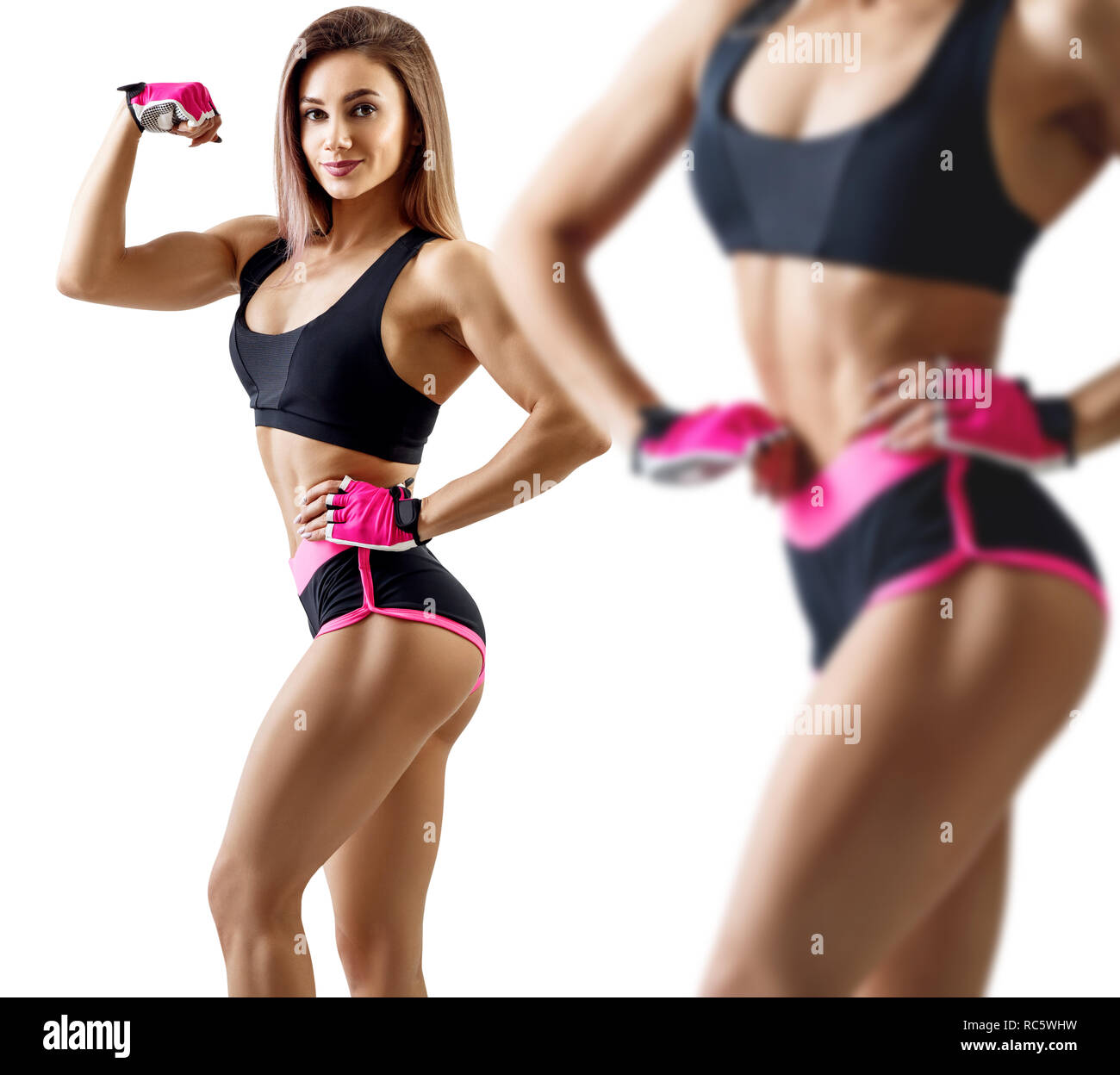 Collage of woman in sportswear demonstrated her athletic body. Stock Photo