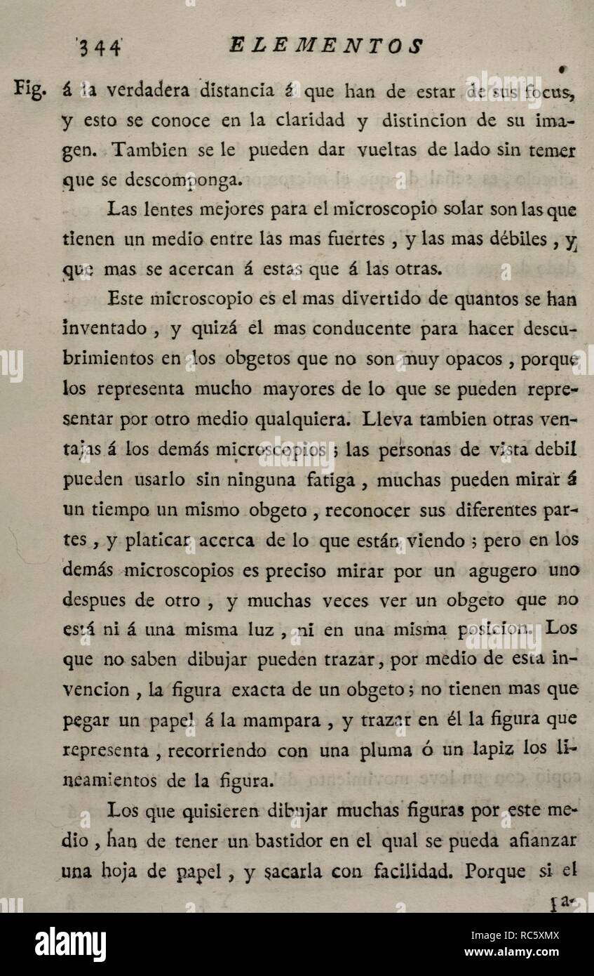 Elementos de Matemática, obra del matemático ilustrado español Benito Bails (1730-1797). Página del tomo VI, que trata de elementos de óptica. Edición española, Madrid, 1781. Biblioteca Histórico Militar de Barcelona. Cataluña. España. Stock Photo