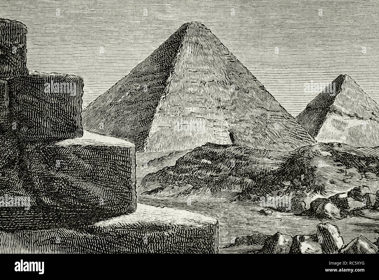 North of Africa. Ancient Egypt. Giza Pyramid complex. Old Kingdom of Egypt. 2686-21191 BC. Engraving. La Civilizacion (The Civilization), volume I, 1881. Stock Photo