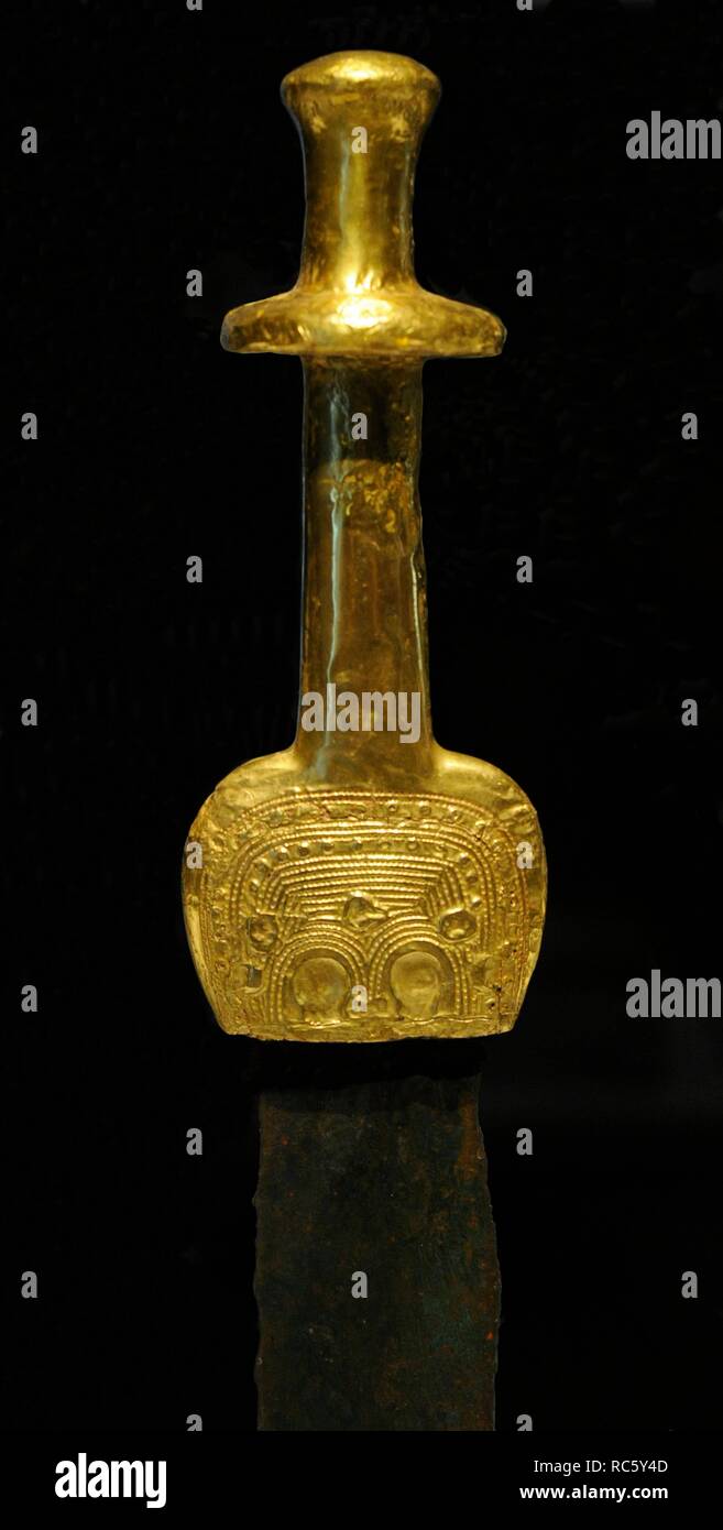Sword of Guadalajara. Gold handle and copper blade. 1600-1300 BC. Middle Bronze. Detail. From Guadalajara, Castile-la Mancha, Spain. National Archaeological Museum. Madrid. Spain. Stock Photo
