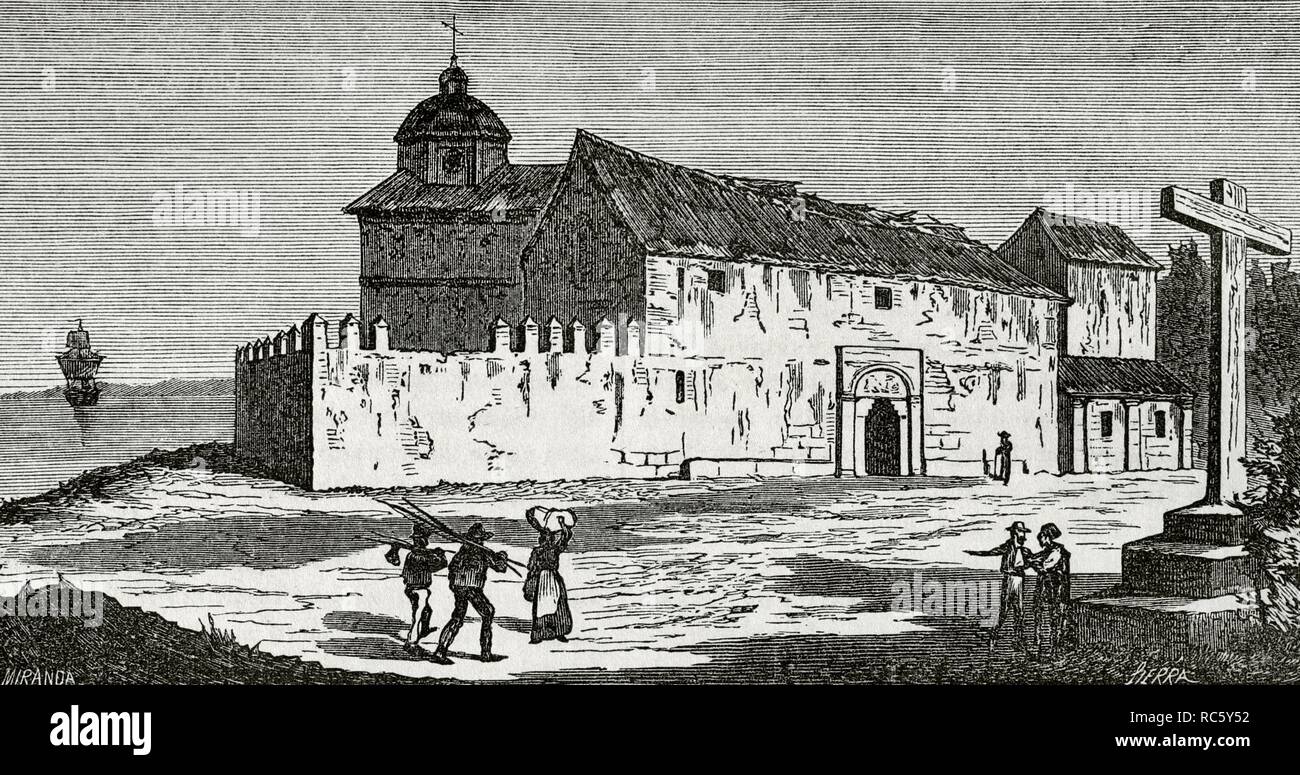 España. Andalucía. Provincia de Huelva. Monasterio de Santa María de la Rábida. En él se hospedó Cristóbal Colón, y en el que se encuentra enterrado Martín Alonso Pinzón. Dibujo por Fernando Miranda. Grabado por Sierra. Crónica General de España, Historia Ilustrada y Descriptiva de sus Provincias. Andalucía, 1867. Biblioteca Histórico Militar de Barcelona, Cataluña, España. Stock Photo