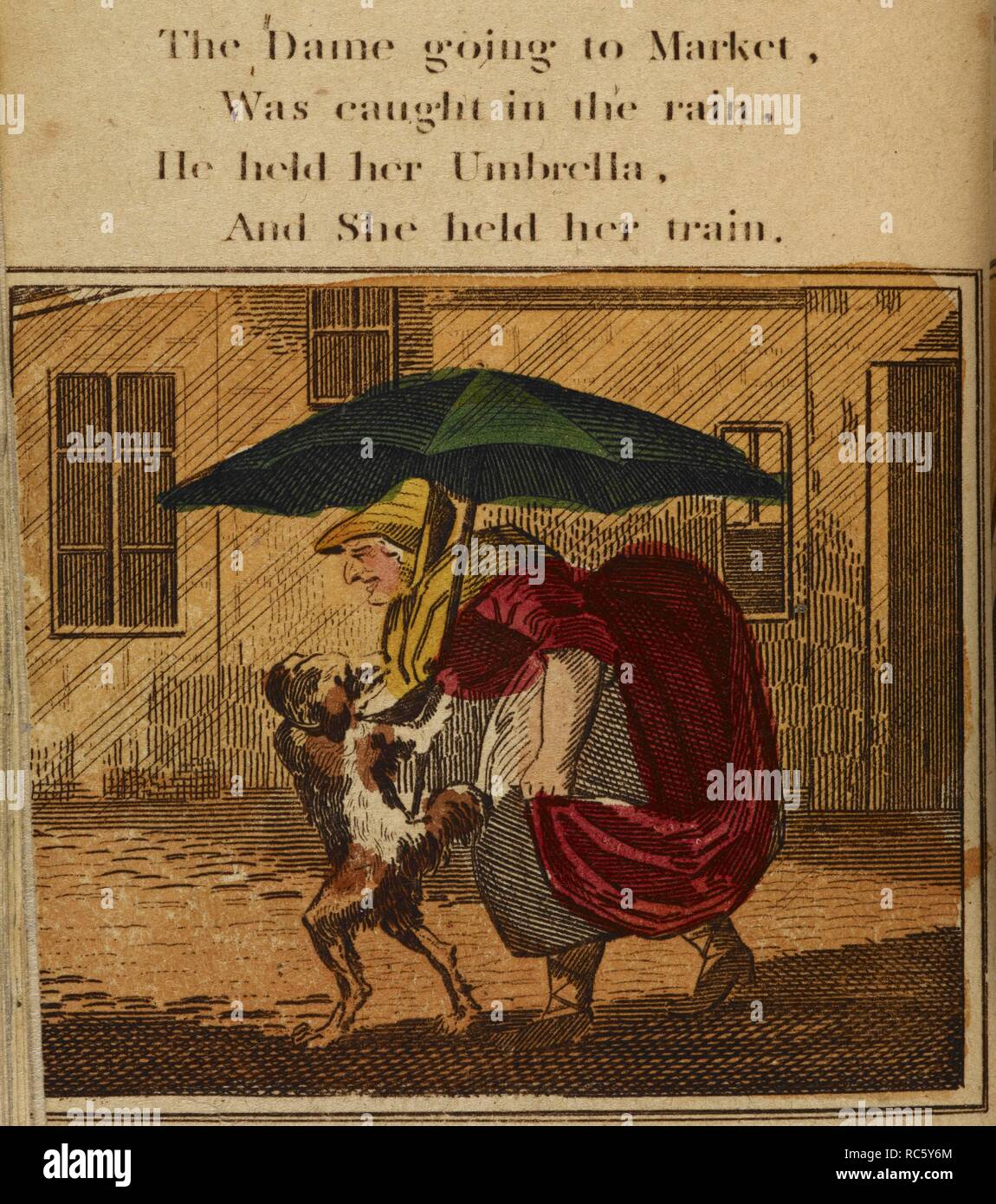 Colour illustration showing old mother Hubbard walking in the rain, with her dog. The Comic Adventures of Old Mother Hubbard, and her Dog. Second edition. [The dedication signed: S. C. M., i.e. Sarah Catherine Martin.]. J. Harris: [London,] 1806. Source: Ch.800/101.(4). Stock Photo