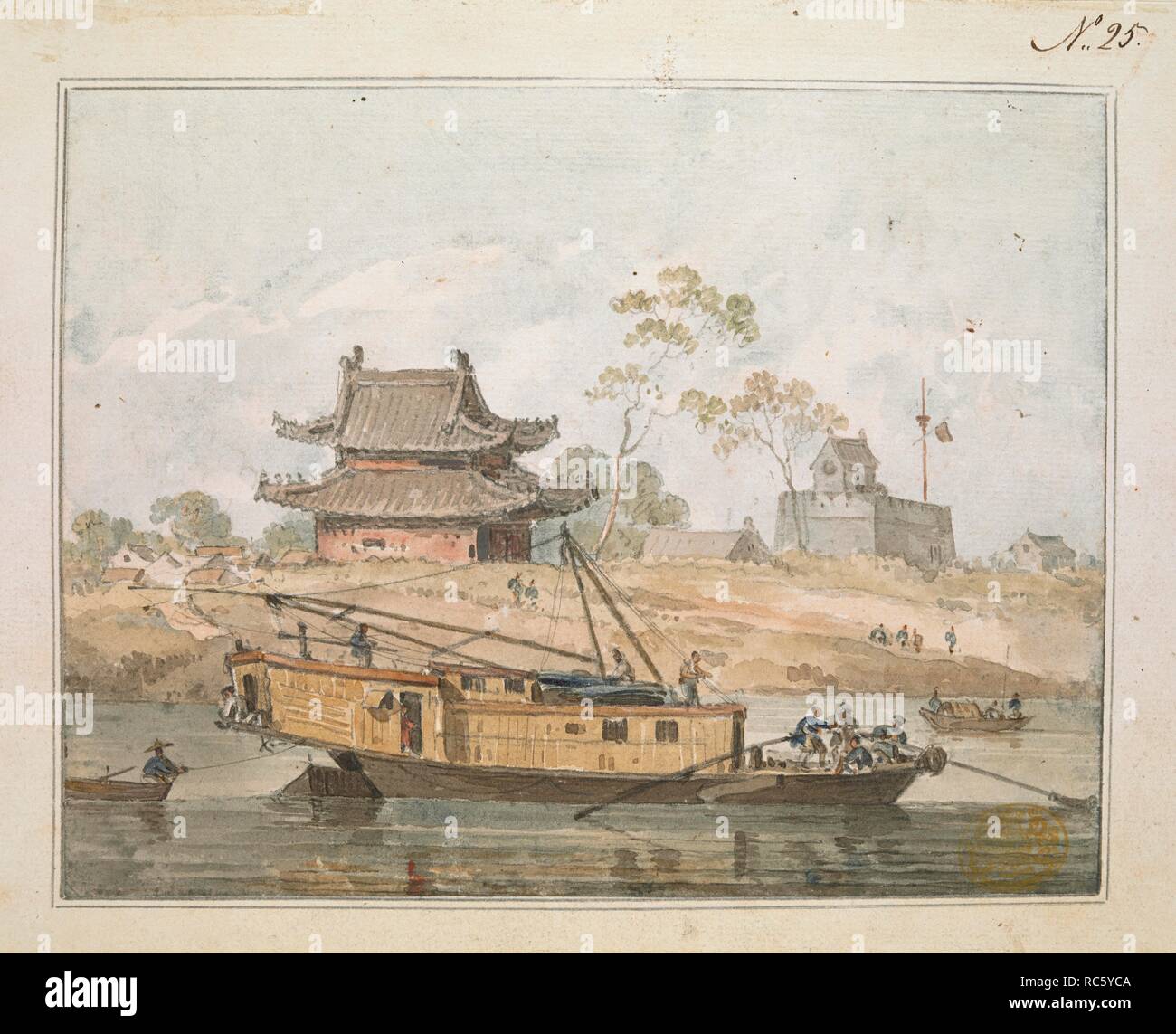 View of Chinese Temple. Figures on a houseboat on a river in the foreground, with two-tiered pagoda, turret and cottages built on the bank of the river in the background. Pasted on mount with washline.  Described as 'View of a Bonzes Temple and an accomodation boat'.  . [A collection of eighty views, maps, portraits and drawings illustrative of the Embassy sent to China under George, Earl of Macartney, in 1793; drawn chiefly by William Alexander, some by Sir John Barrow, Bart., some by Sir Henry Woodbine Parish, and one by William Gomm. Many of them are engraved in Sir George Staunton's Narrat Stock Photo