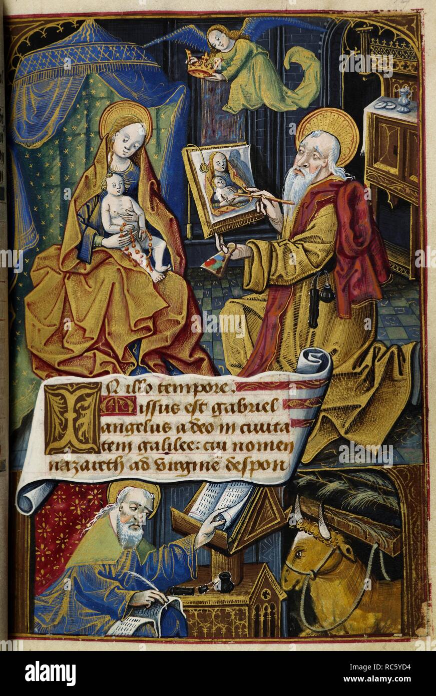 Gospel readings. St Luke painting the Virgin, and below, writing his gospel. Scroll with text, Luke 1, 26-27. Book of Hours. France [Macon?]; end of 15th century. Source: Add. 20694, f.14. Language: Latin. Stock Photo