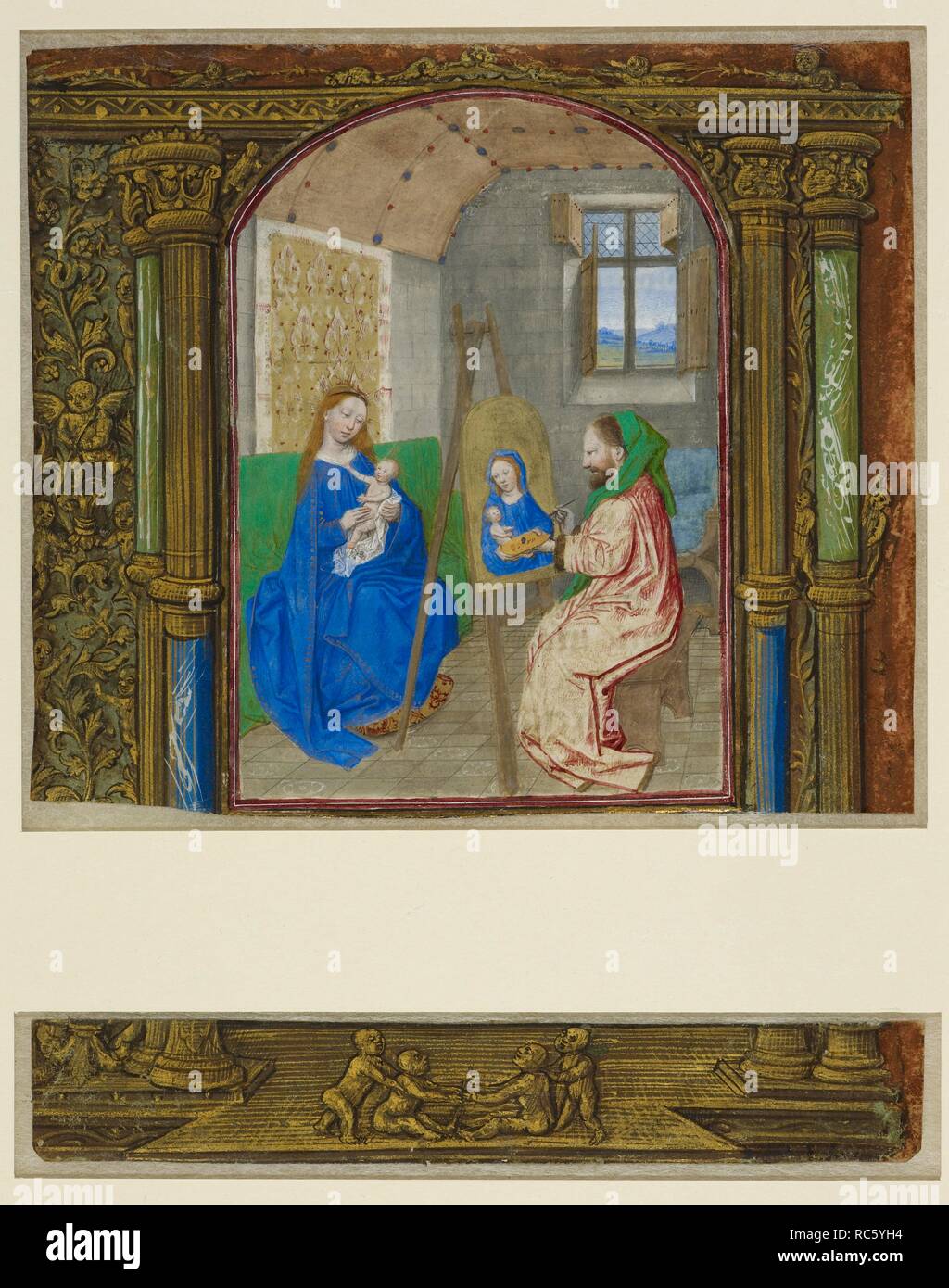 St. Luke painting the Virgin and Child. Cuttings from a Book of Hours. Flanders or north-east France; last quarter of 15th century. Source: Add. 71117 B. Language: Latin and French. Stock Photo
