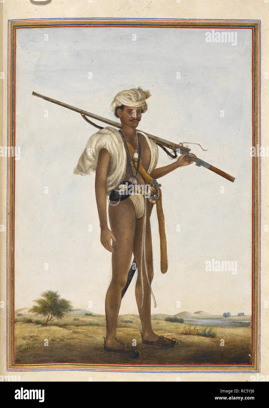 Warrior (Mevati). Mevati, a Kshatriya group who lived in the region south-west of Delhi and were warriors more usually termed Meos. Tashrih al-aqvam, an account of origins and occupations of some of the sects, castes and tribes of India. Written at Hansi Cantonment, Hissar District, eighty-five miles north-west of Delhi for Colonel James Skinner. 1825. Source: Add. 27255, f.70v. Language: Persian. Author: ANON. Stock Photo