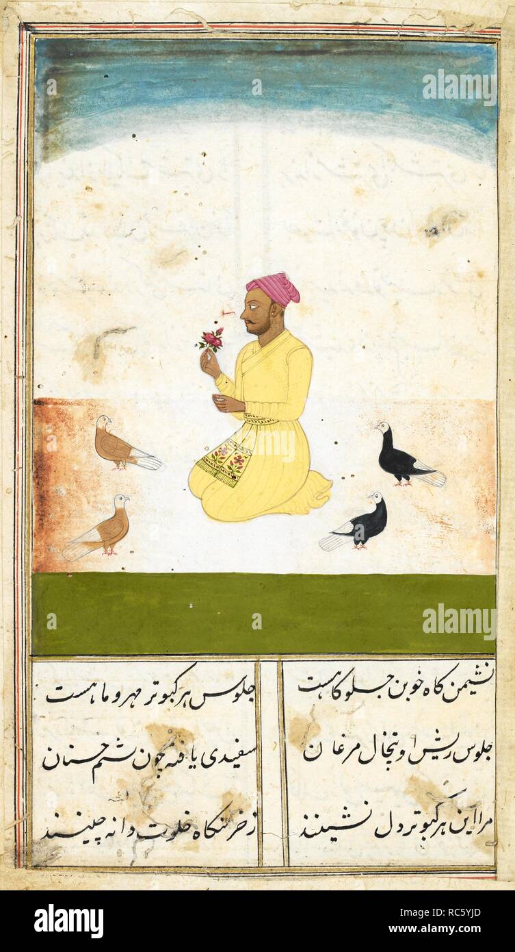 A man holding a posy of roses and kneeling among pigeons. Kabutar-nama. India, 1788. Source: I.O. ISLAMIC 4811, f.12. Language: Persian. Stock Photo