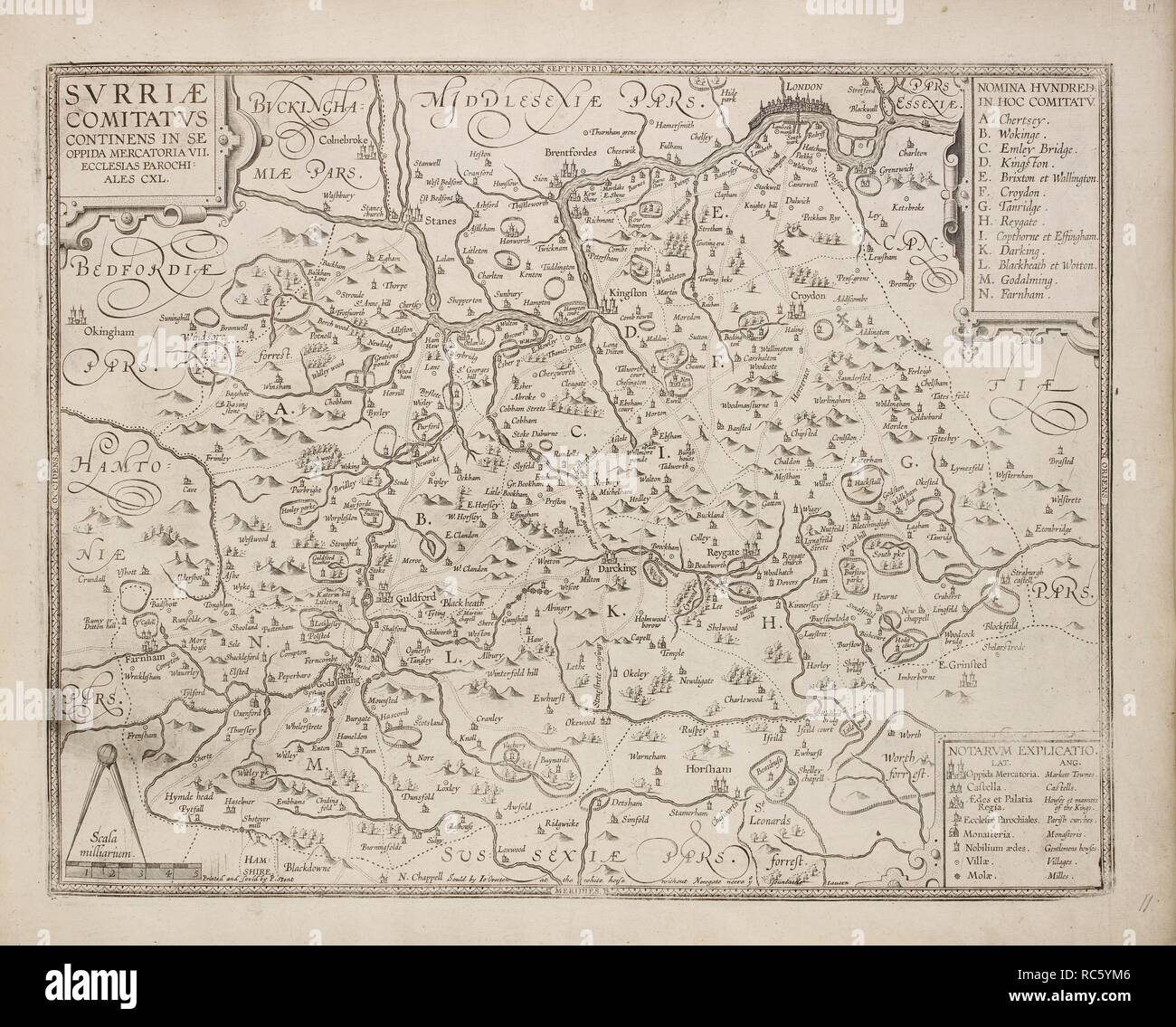 Map of Svrriae Comitatvs or the county of Surrey.  The River Thames. . A collection of 37 Maps of the counties of England. London. H. Overton, 1714. A collection of 37 Maps of the counties of England, being reprints, of J. Speedâ€™s maps, by Henry Overton, together with those of P. Stent reprinted by John Overton, and maps of Derbyshire and Yorkshire engraved by S. Nicholls. Source: Maps.145.c.9 11. Language: Latin. Stock Photo
