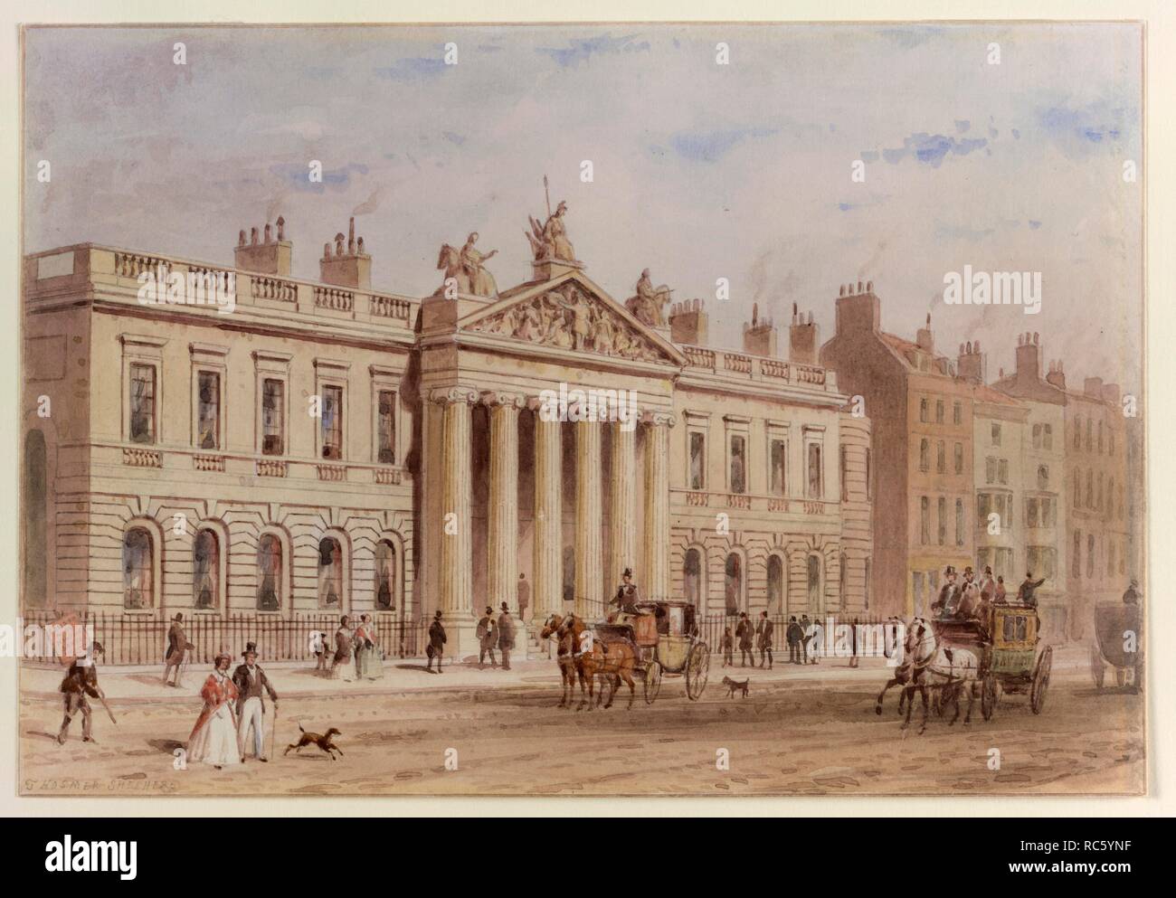 East India House, Leadenhall Street, London. The costume of the figures in the foreground corresponds with the fashions of 1825-30. The placard carried by a figure on the left is lettered: â€˜London in the nineteenth centuryâ€™. c.1825. watercolour. Source: WD 2881. Author: SHEPHERD, THOMAS HOSMER. Stock Photo