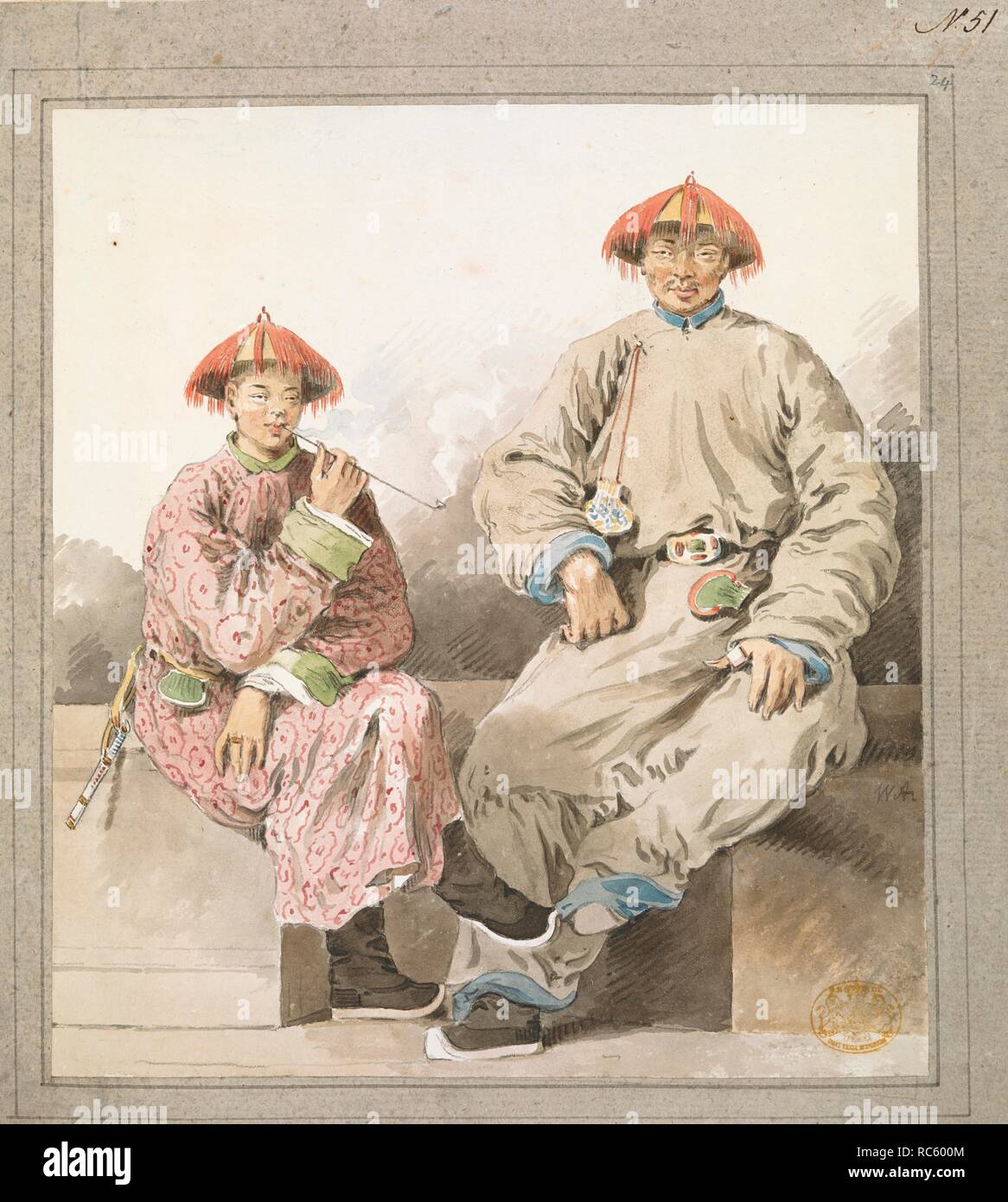 Portrait of two Mandarin's attendants. Two Mandarin's attendants sitting full-length facing front, wearing straw hats with horsehair hanging from the crown and purses pinned to their tunics; the man on the left crosses his legs and smokes a long pipe. Signed with initials at lower right and pasted on mount with washlines. [A collection of eighty views, maps, portraits and drawings illustrative of the Embassy sent to China under George, Earl of Macartney, in 1793; drawn chiefly by William Alexander, some by Sir John Barrow, Bart., some by Sir Henry Woodbine Parish, and one by William Gomm. Many Stock Photo