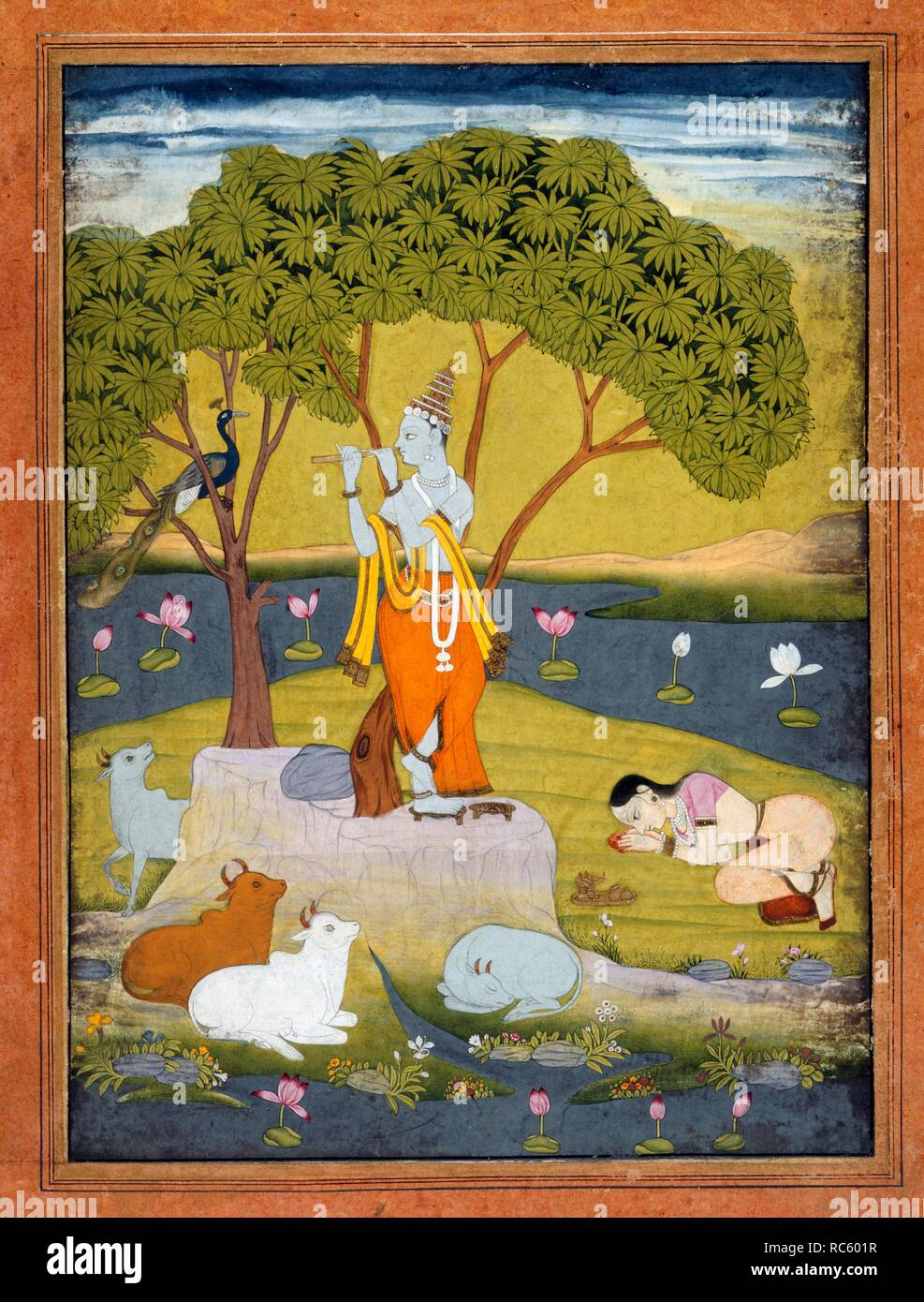 Krishna stands on a rock by a tree playing his flute to a peacock and some cattle. A gopi kneels in worship on the right. c.1770. Opaque watercolour. Source: J.45,39. Stock Photo