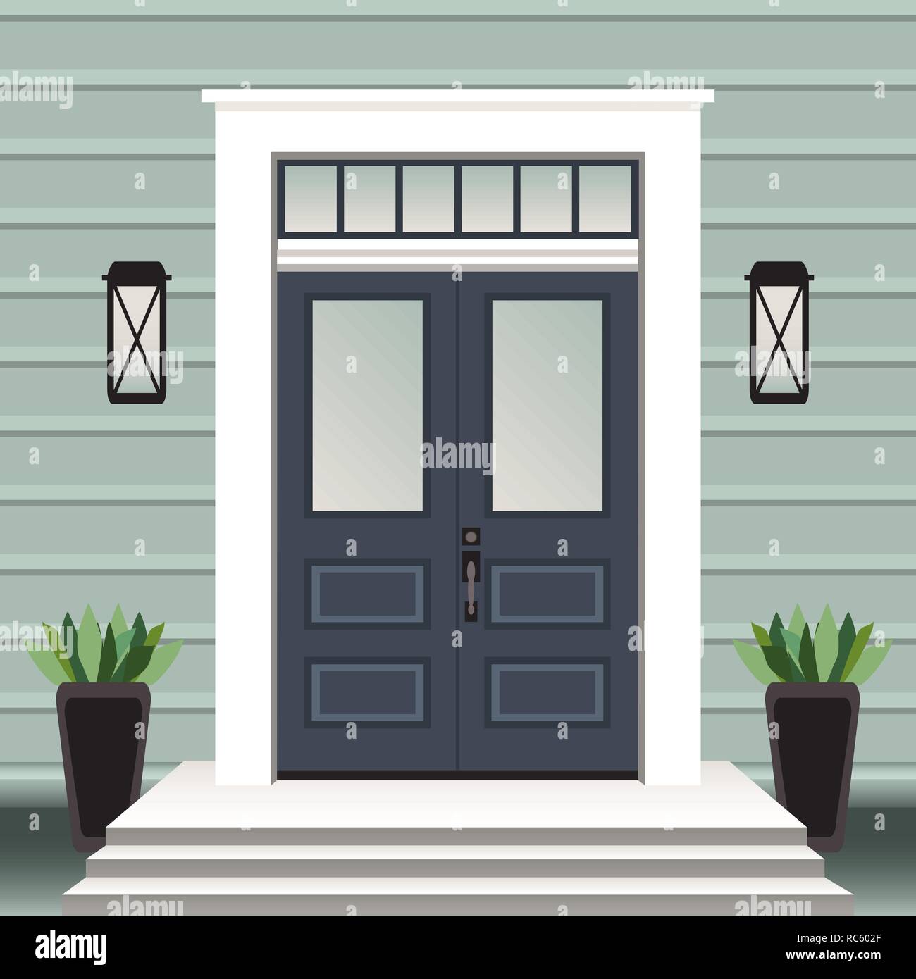 House door front with doorstep and lamps, flowers, entry facade building,  exterior entrance design illustration vector in flat style Stock Vector  Image & Art - Alamy