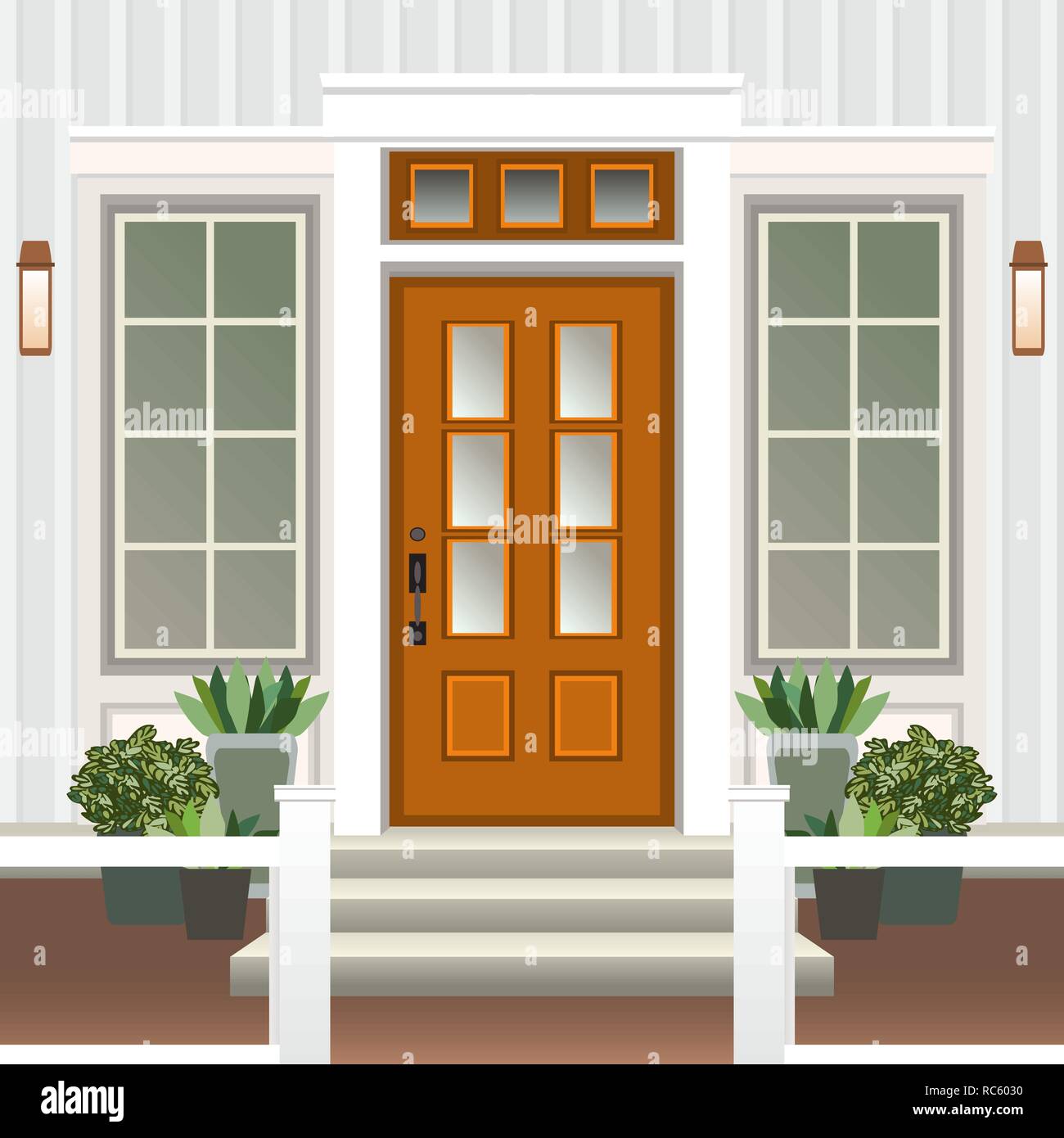 House door front with doorstep and lamps, flowers, entry facade building,  exterior entrance design illustration vector in flat style Stock Vector  Image & Art - Alamy