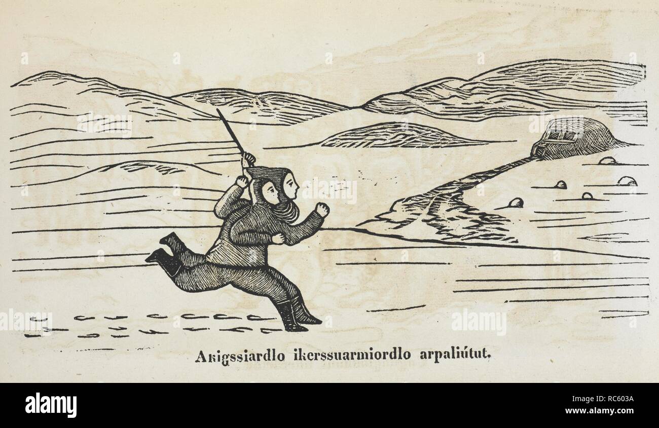 Two figures running across a snowy landscape. KalaÌ‚dlit okalluktualliait. KalaÌ‚dlisut kablunaÌ‚tudlo GroÌˆnlandske Folkesagn, opskrevne og meddelte af IndfÃ¸dte, med dansk OversÃ¦ttelse [by R. Berthelsen and others] ... Med TrÃ¦snit, tegnede og udskaarene af en IndfÃ¸dt (Aron paa Kangek) [and others]. Greenl. and Dan. Noungme [i.e.] Godthaab, 1859-63. Source: RB.23.a.35373 vol. II, 4th plate opposite page 60. Stock Photo