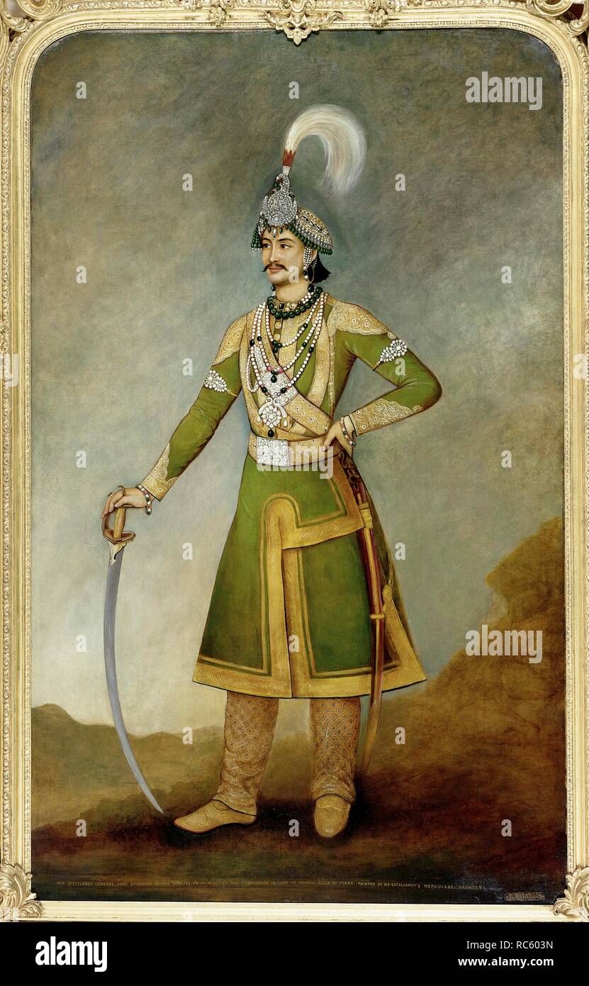 H.E. General Sir Jang Bahadur Kunwar Rana (1817-77), Prime Minister and Commander-in-Chief of Nepal. The General stands gazing towards the left. He wears a long, shaped coat of green and gold, and brocaded trousers of a reddish colour. His right hand is placed upon the hilt of his drawn sabre; his left rests upon his hip. He wears bracelets, armlets and necklaces, resplendent with jewels and pearls; on his jewelled headdress is a flowing bird of paradise plume. . 1849. Oil painting. 94 by 58 ins (239 x 147 cms). Source: Foster 36. Author: Bhaujaman Citrakar. Stock Photo