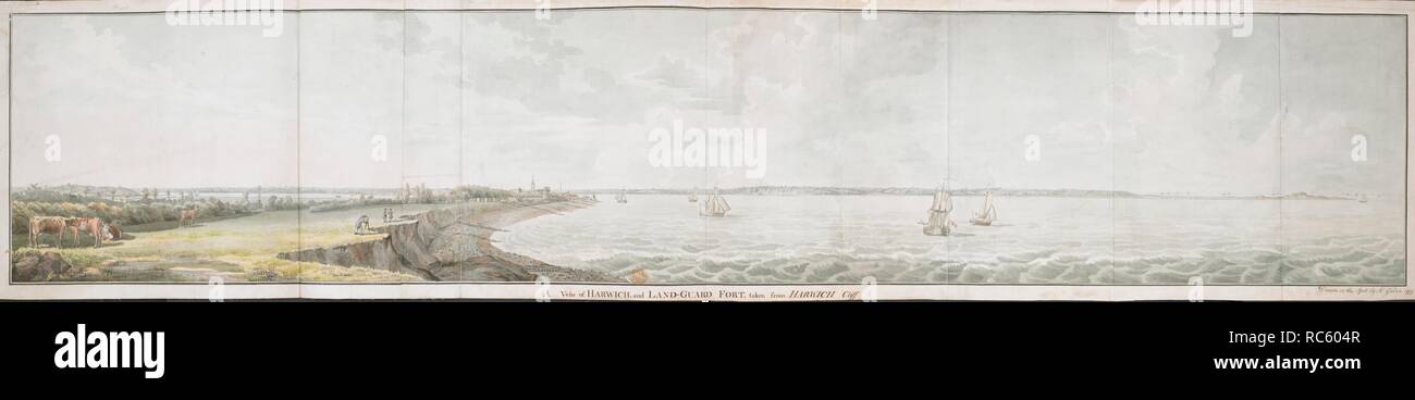 Panoramic view of the coast and sea at Harwich; cows and fields on the left; figures surveying the landscape nearby; the town of Harwich and the spire of St Nicholas's church in the distance on the left; the coast on the horizon; ships on the sea; Landguard Fort on the horizon to the right. A View of HARWICH, and LAND-GUARD FORT, taken from HARWICH Cliff. 1777. Watercolour over pencil. Source: Maps K.Top.13.15.4.e. Language: English. Author: Gilder, William H. Stock Photo