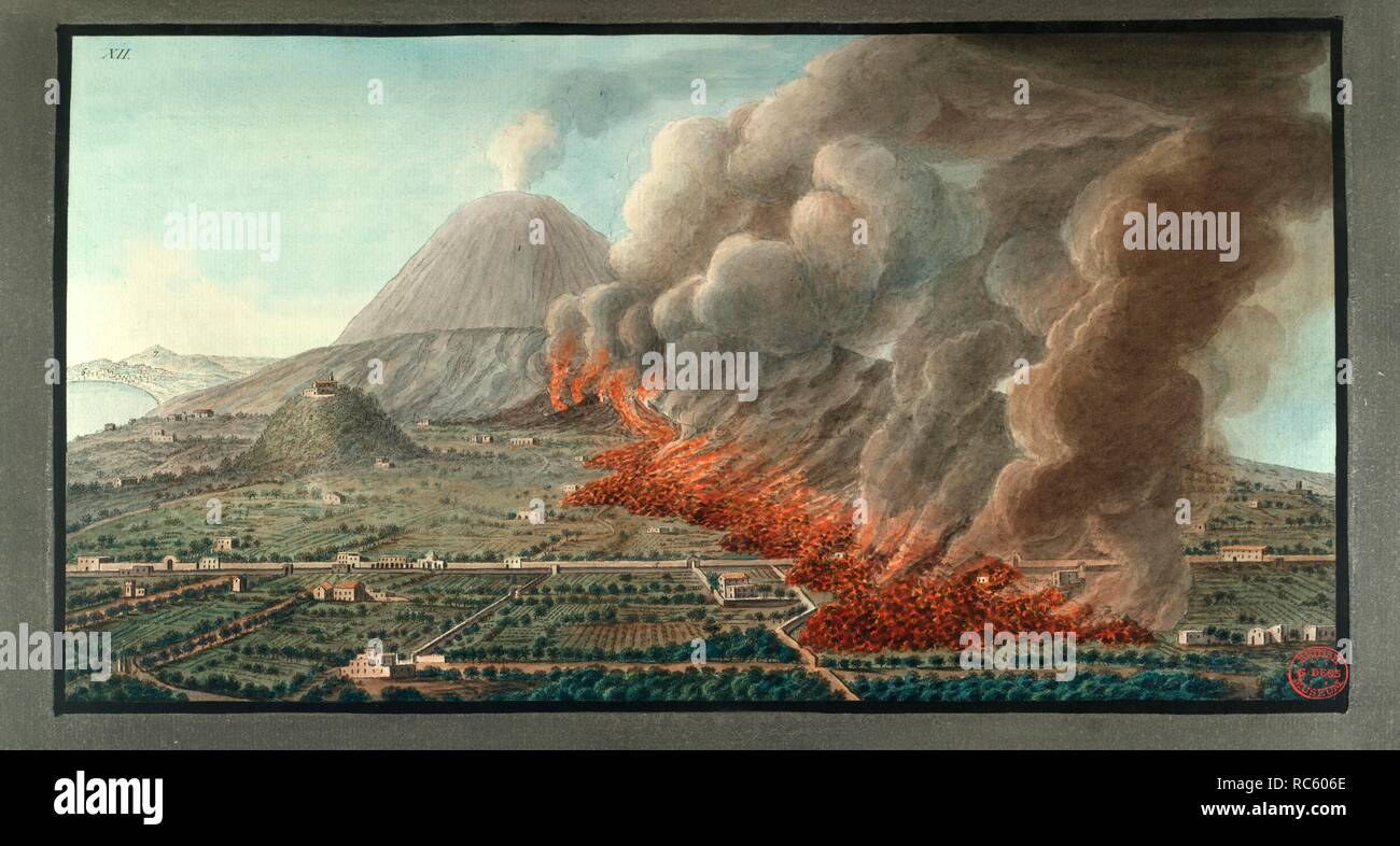 Eruption of Mt. Vesuvius, 1761. Campi PhlegrÃ¦i. Observations on the Volcanos of th. Naples, 1776. View of the eruption of Mt. Vesuvius, which began on 23rd December 1760, dated 5th January 1761. Taken from the original painting by Mr Fabris.  Image taken from Campi PhlegrÃ¦i. Observations on the Volcanos of the Two Sicilies to which a map is annexed, with 54 plates illuminated, from drawings taken and colour'd after Nature, under the inspection of the Author, by the Editor P. Fabris, etc. .  Originally published/produced in Naples, 1776 . Source: Tab.435.a.15.(2), plate XII. Author: FABRIS, P Stock Photo