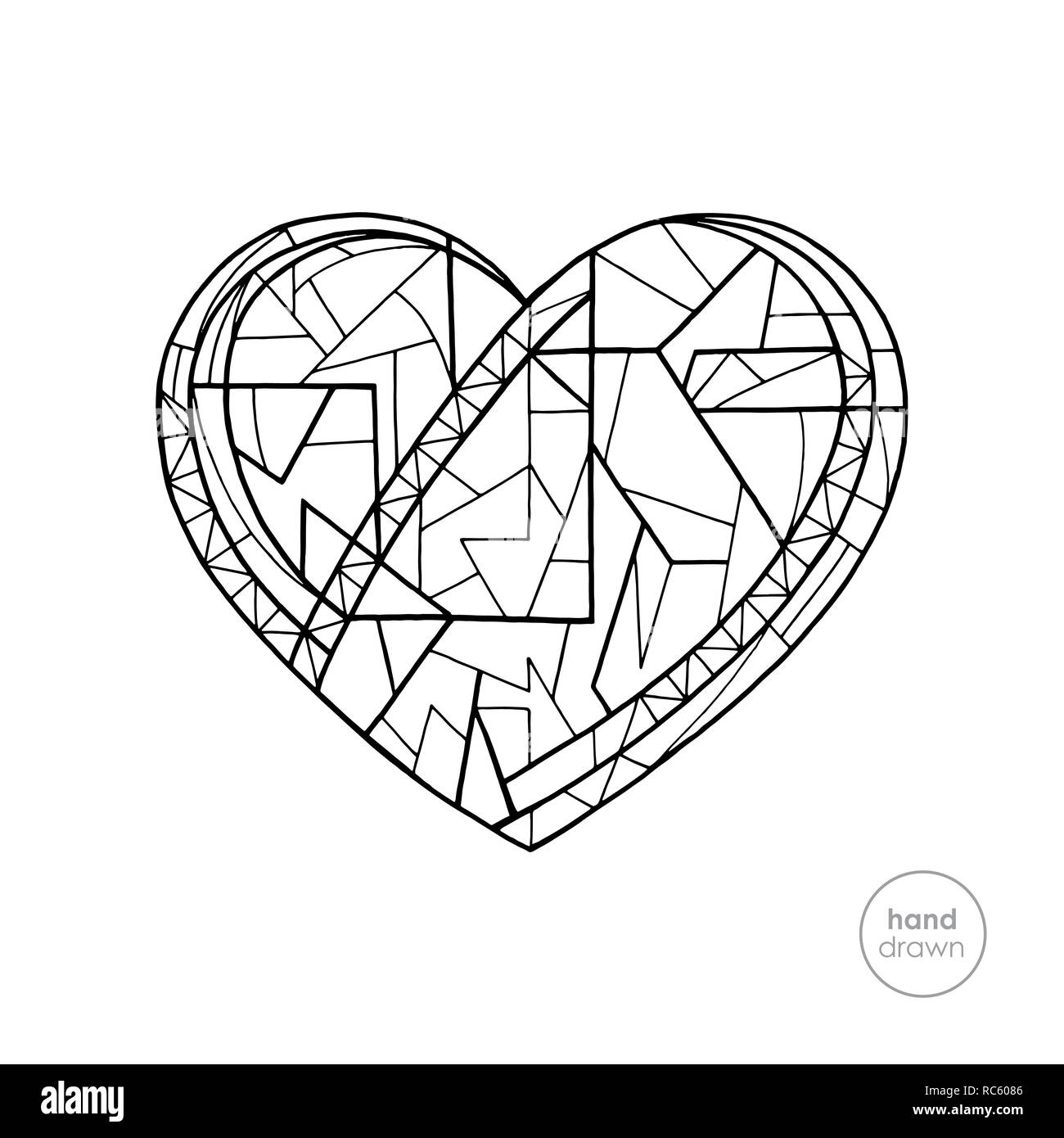 Heart coloring book. Hand drawn abstract love holidays vector illustration. Valentines day background in modern style. Holidays coloring page. Stock Vector