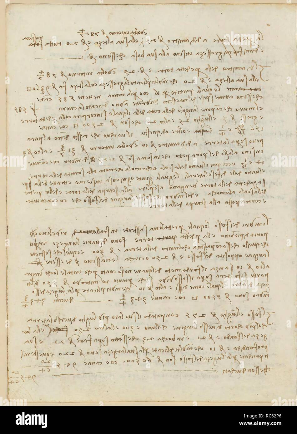 Folio f 38v. Codex Madrid II (Ms. 8936) 'Treaty of fortification, statics and geometry'. 158 folios with 316 pages. Internal format: 210 x 145 mm. MATH OPERATIONS, ACCOUNTING NOTES. PRINCIPLES OF MECHANICS, CINEMATICS, DYNAMICS. TOPOGRAPHIC REFERENCES. CIVIL ENGINEERING, CONSTRUCTION. MILITARY ENGINEERING, FORTIFICATIONS. UNITS OF WEIGHT AND MEASURES. Museum: BIBLIOTECA NACIONAL DE ESPAÑA, MADRID. Author: LEONARDO DA VINCI. Stock Photo