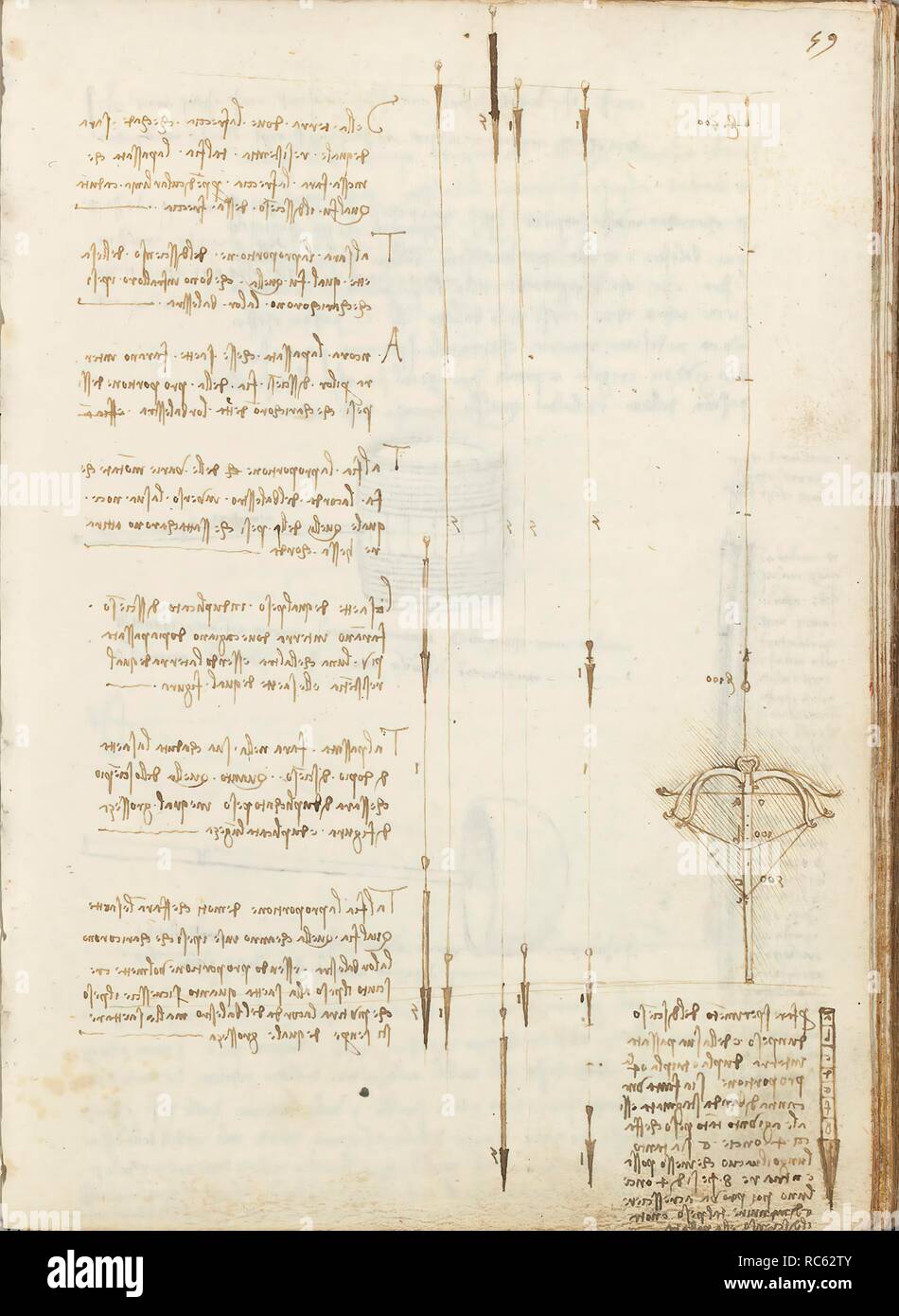 Folio f 59r. Codex Madrid I (Ms. 8937) 'Treaty of statics and mechanics', 192 folios with 384 pages. Internal format: 215 x 145 mm. MATHEMATICS. MENTION OF MATERIALS. UNITS OF WEIGHT AND MEASURES. PRINCIPLES OF MECHANICS, CINEMATICS, DYNAMICS. APPLIED MECHANICS (MACHINES AND WITS). Museum: BIBLIOTECA NACIONAL DE ESPAÑA, MADRID. Author: LEONARDO DA VINCI. Stock Photo