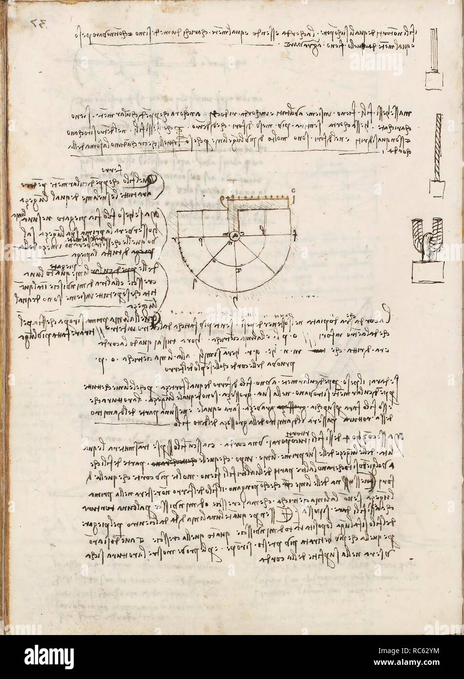 Folio f 154v. Codex Madrid I (Ms. 8937) 'Treaty of statics and mechanics', 192 folios with 384 pages. Internal format: 215 x 145 mm. MENTION OF MATERIALS. PRINCIPLES OF MECHANICS, CINEMATICS, DYNAMICS. APPLIED MECHANICS (COMPONENTS). Museum: BIBLIOTECA NACIONAL DE ESPAÑA, MADRID. Author: LEONARDO DA VINCI. Stock Photo