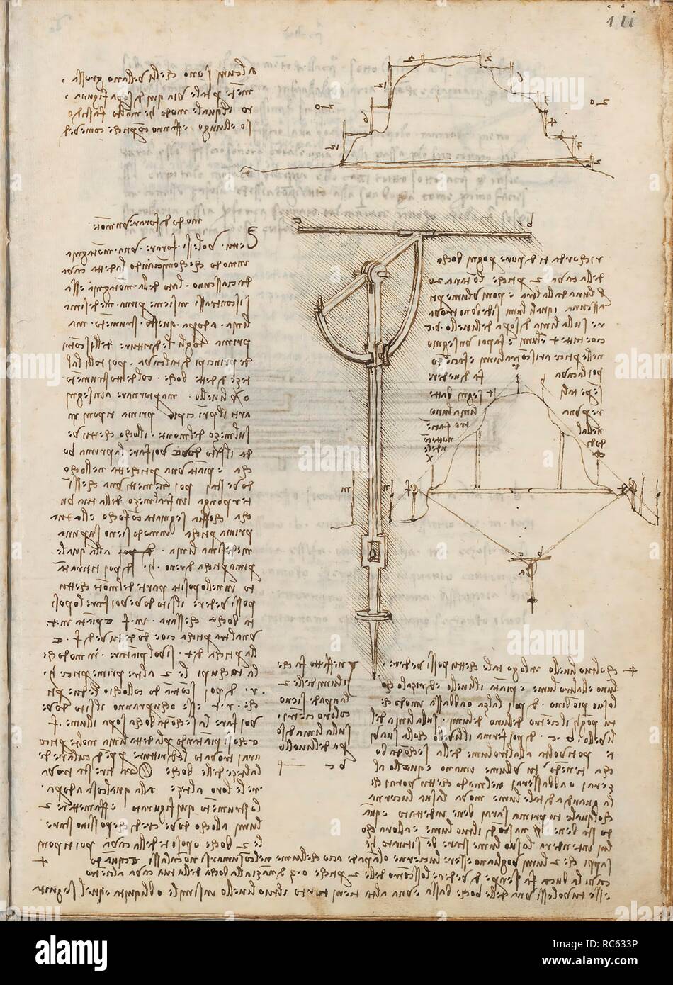 Folio f 111r. Codex Madrid I (Ms. 8937) 'Treaty of statics and mechanics', 192 folios with 384 pages. Internal format: 215 x 145 mm. APPLIED MECHANICS (COMPONENTS). CIVIL ENGINEERING, CONSTRUCTION. UNITS OF WEIGHT AND MEASURES. PRINCIPLES OF MECHANICS, CINEMATICS, DYNAMICS. Museum: BIBLIOTECA NACIONAL DE ESPAÑA, MADRID. Author: LEONARDO DA VINCI. Stock Photo