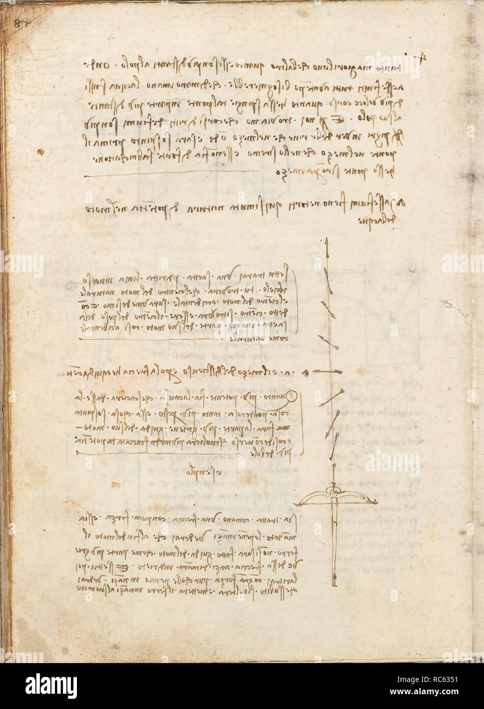 Folio f 143v. Codex Madrid I (Ms. 8937) 'Treaty of statics and mechanics', 192 folios with 384 pages. Internal format: 215 x 145 mm. APPLIED MECHANICS (COMPONENTS). APPLIED MECHANICS (MACHINES AND WITS). PRINCIPLES OF MECHANICS, CINEMATICS, DYNAMICS. CIVIL ENGINEERING, CONSTRUCTION. Museum: BIBLIOTECA NACIONAL DE ESPAÑA, MADRID. Author: LEONARDO DA VINCI. Stock Photo