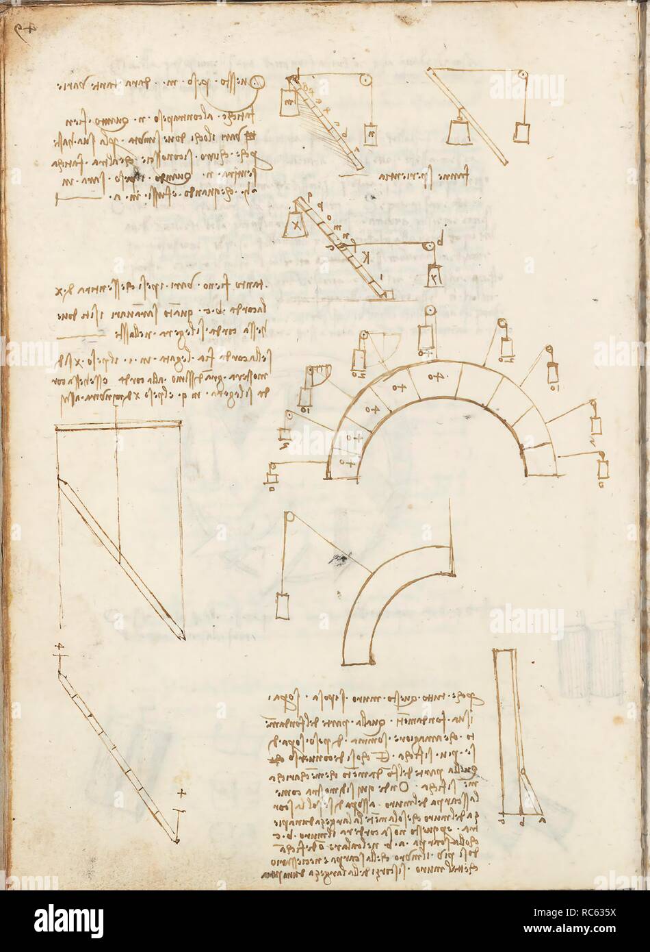 Folio f 142v. Codex Madrid I (Ms. 8937) "Treaty of statics and mechanics", 192 folios with 384 pages. Internal format: 215 x 145 mm. APPLIED MECHANICS (COMPONENTS). CIVIL ENGINEERING, CONSTRUCTION. PRINCIPLES OF MECHANICS, CINEMATICS, DYNAMICS. Museum: BIBLIOTECA NACIONAL DE ESPAÑA, MADRID. Author: LEONARDO DA VINCI. Stock Photo