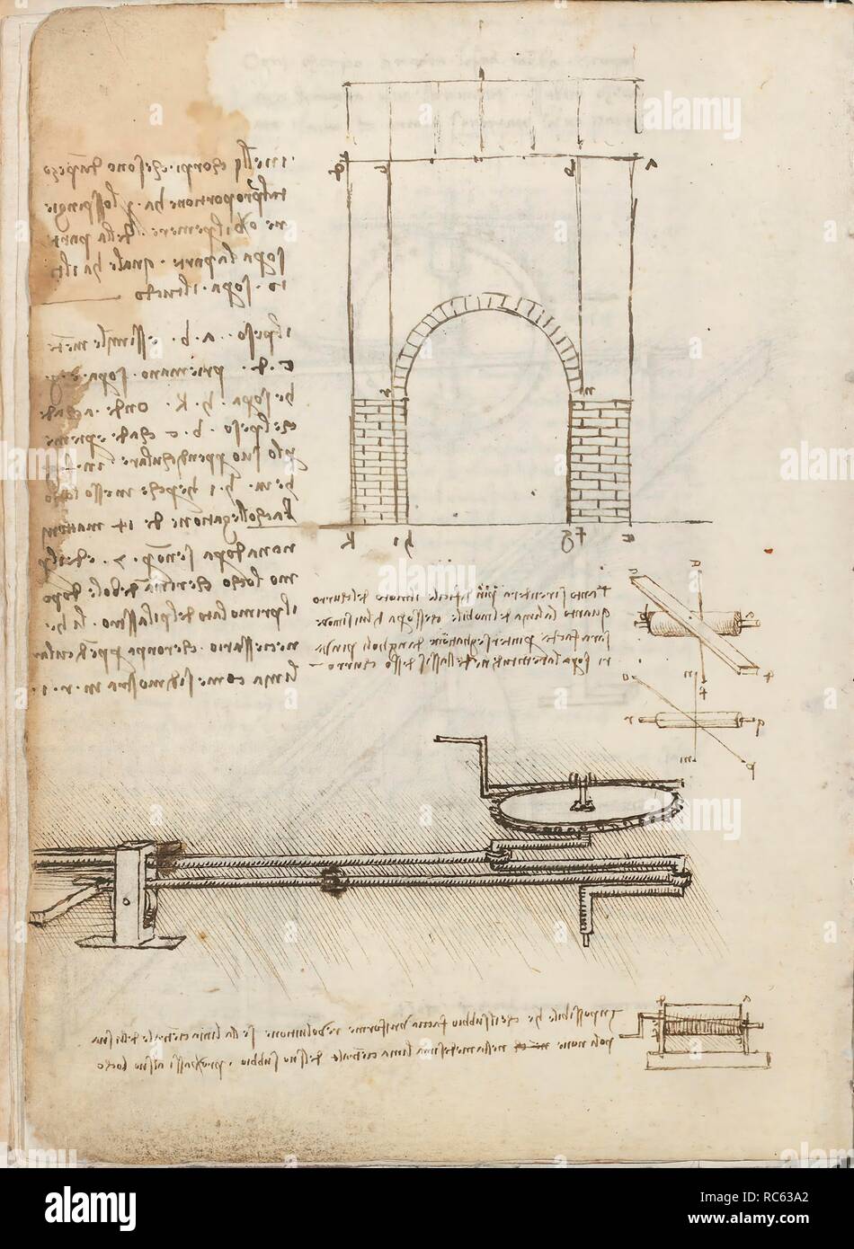 Folio f 2v. Codex Madrid I (Ms. 8937) 'Treaty of statics and mechanics', 192 folios with 384 pages. Internal format: 215 x 145 mm. CIVIL ENGINEERING, CONSTRUCTION. APPLIED MECHANICS (COMPONENTS). PRINCIPLES OF MECHANICS, CINEMATICS, DYNAMICS. Museum: BIBLIOTECA NACIONAL DE ESPAÑA, MADRID. Author: LEONARDO DA VINCI. Stock Photo
