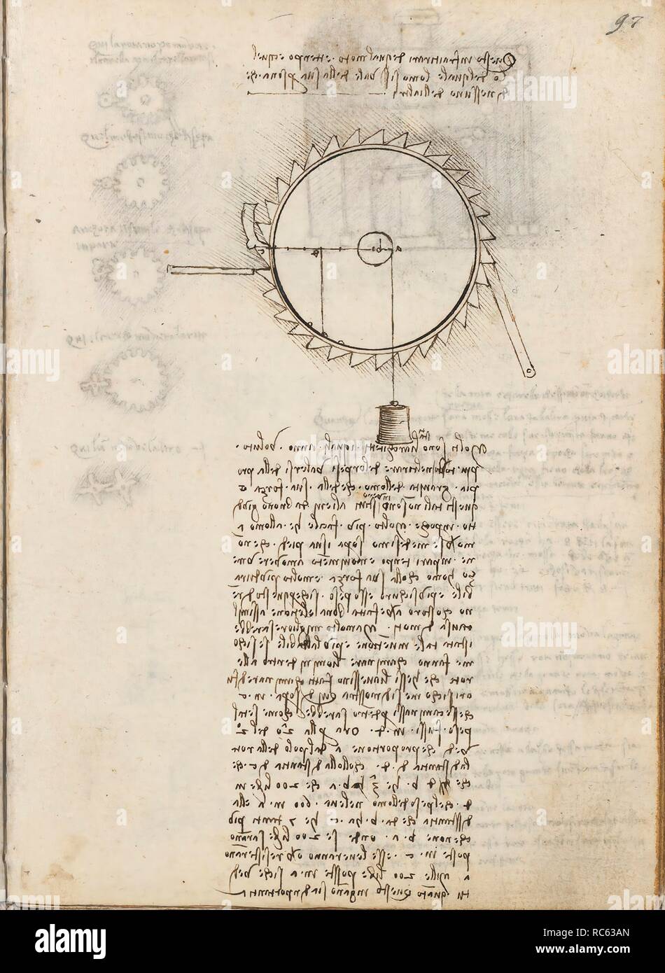 Folio f 97r. Codex Madrid I (Ms. 8937) 'Treaty of statics and mechanics', 192 folios with 384 pages. Internal format: 215 x 145 mm. CIVIL ENGINEERING, CONSTRUCTION. MATHEMATICS. APPLIED MECHANICS (COMPONENTS). APPLIED MECHANICS (MACHINES AND WITS). OBSERVATION OF NATURE. UNITS OF WEIGHT AND MEASURES. PRINCIPLES OF MECHANICS, CINEMATICS, DYNAMICS. Museum: BIBLIOTECA NACIONAL DE ESPAÑA, MADRID. Author: LEONARDO DA VINCI. Stock Photo