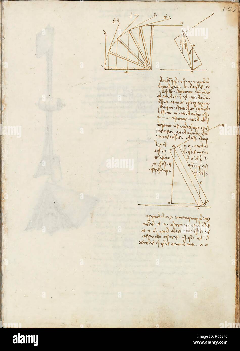 Folio f 127r. Codex Madrid I (Ms. 8937) 'Treaty of statics and mechanics', 192 folios with 384 pages. Internal format: 215 x 145 mm. CIVIL ENGINEERING, CONSTRUCTION. APPLIED MECHANICS (COMPONENTS). PRINCIPLES OF MECHANICS, CINEMATICS, DYNAMICS. Museum: BIBLIOTECA NACIONAL DE ESPAÑA, MADRID. Author: LEONARDO DA VINCI. Stock Photo