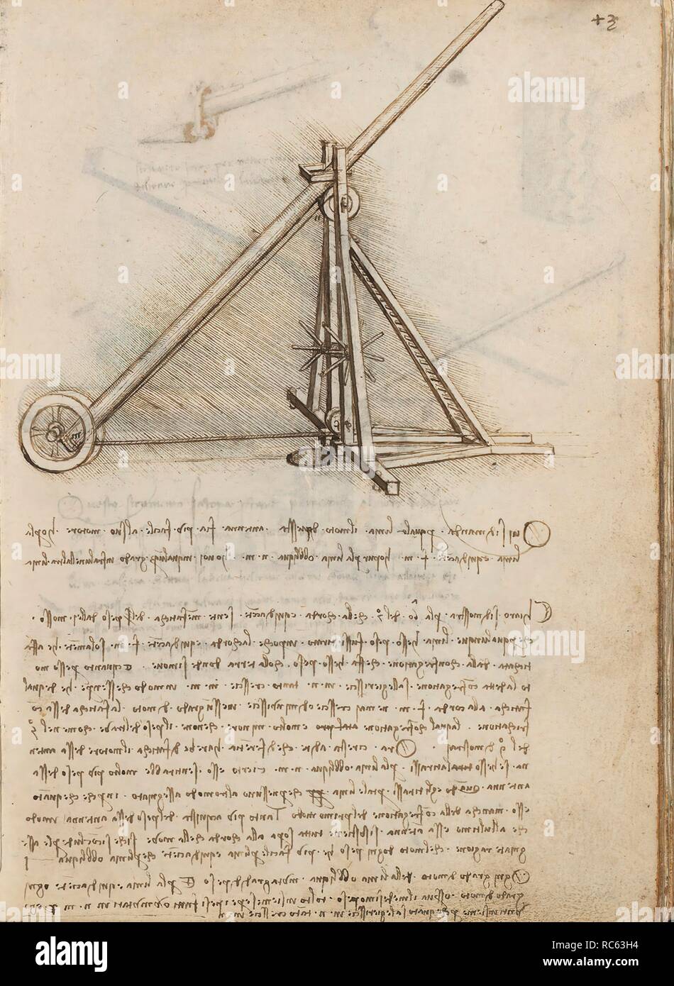 Folio f 43r. Codex Madrid I (Ms. 8937) 'Treaty of statics and mechanics', 192 folios with 384 pages. Internal format: 215 x 145 mm. CIVIL ENGINEERING, CONSTRUCTION. PRINCIPLES OF MECHANICS, CINEMATICS, DYNAMICS. APPLIED MECHANICS (COMPONENTS). Museum: BIBLIOTECA NACIONAL DE ESPAÑA, MADRID. Author: LEONARDO DA VINCI. Stock Photo