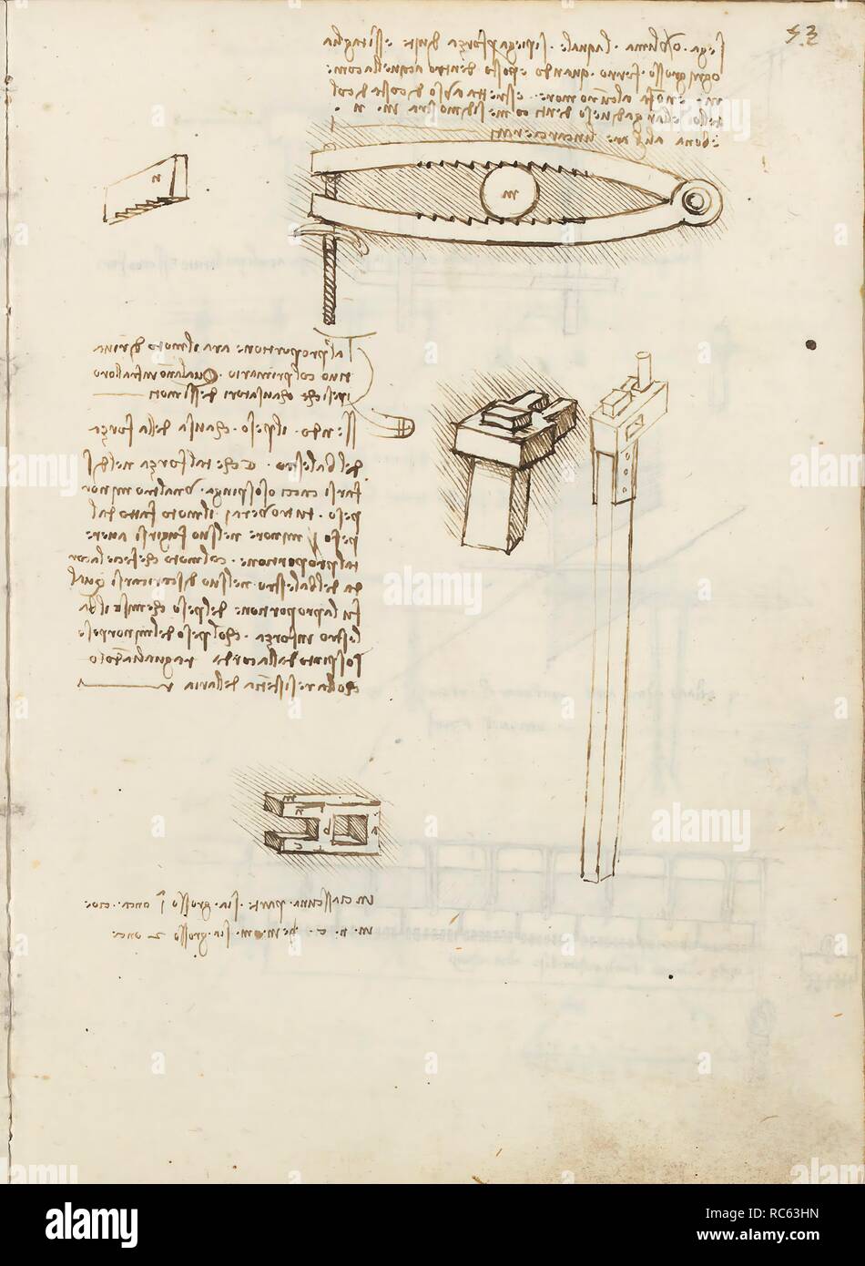 Folio f 53r. Codex Madrid I (Ms. 8937) 'Treaty of statics and mechanics', 192 folios with 384 pages. Internal format: 215 x 145 mm. APPLIED MECHANICS (COMPONENTS). MENTION OF MATERIALS. UNITS OF WEIGHT AND MEASURES. PRINCIPLES OF MECHANICS, CINEMATICS, DYNAMICS. APPLIED MECHANICS (MACHINES AND WITS). Museum: BIBLIOTECA NACIONAL DE ESPAÑA, MADRID. Author: LEONARDO DA VINCI. Stock Photo
