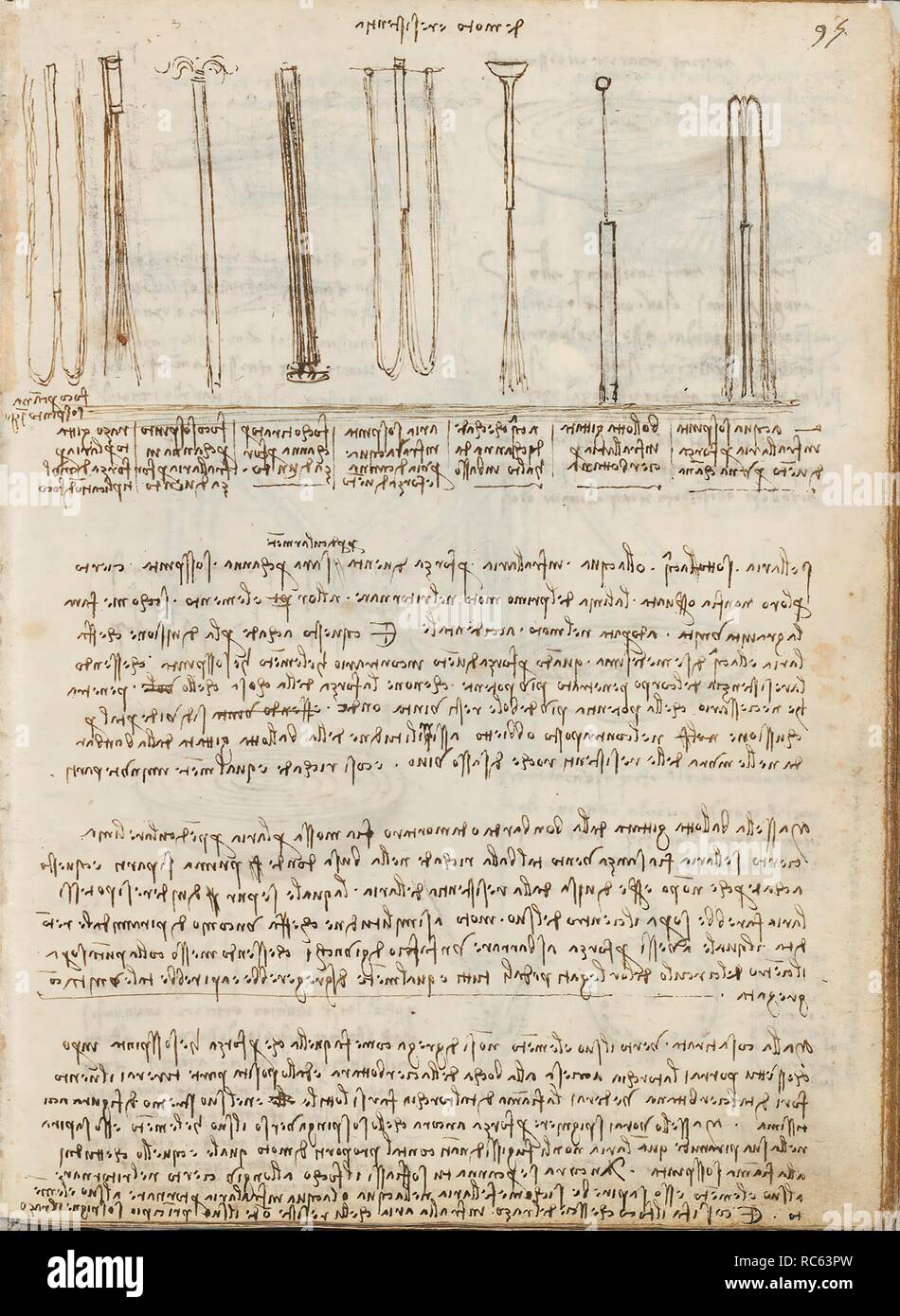 Folio f 95r. Codex Madrid I (Ms. 8937) 'Treaty of statics and mechanics', 192 folios with 384 pages. Internal format: 215 x 145 mm. APPLIED MECHANICS (MACHINES AND WITS). PRINCIPLES OF MECHANICS, CINEMATICS, DYNAMICS. Museum: BIBLIOTECA NACIONAL DE ESPAÑA, MADRID. Author: LEONARDO DA VINCI. Stock Photo