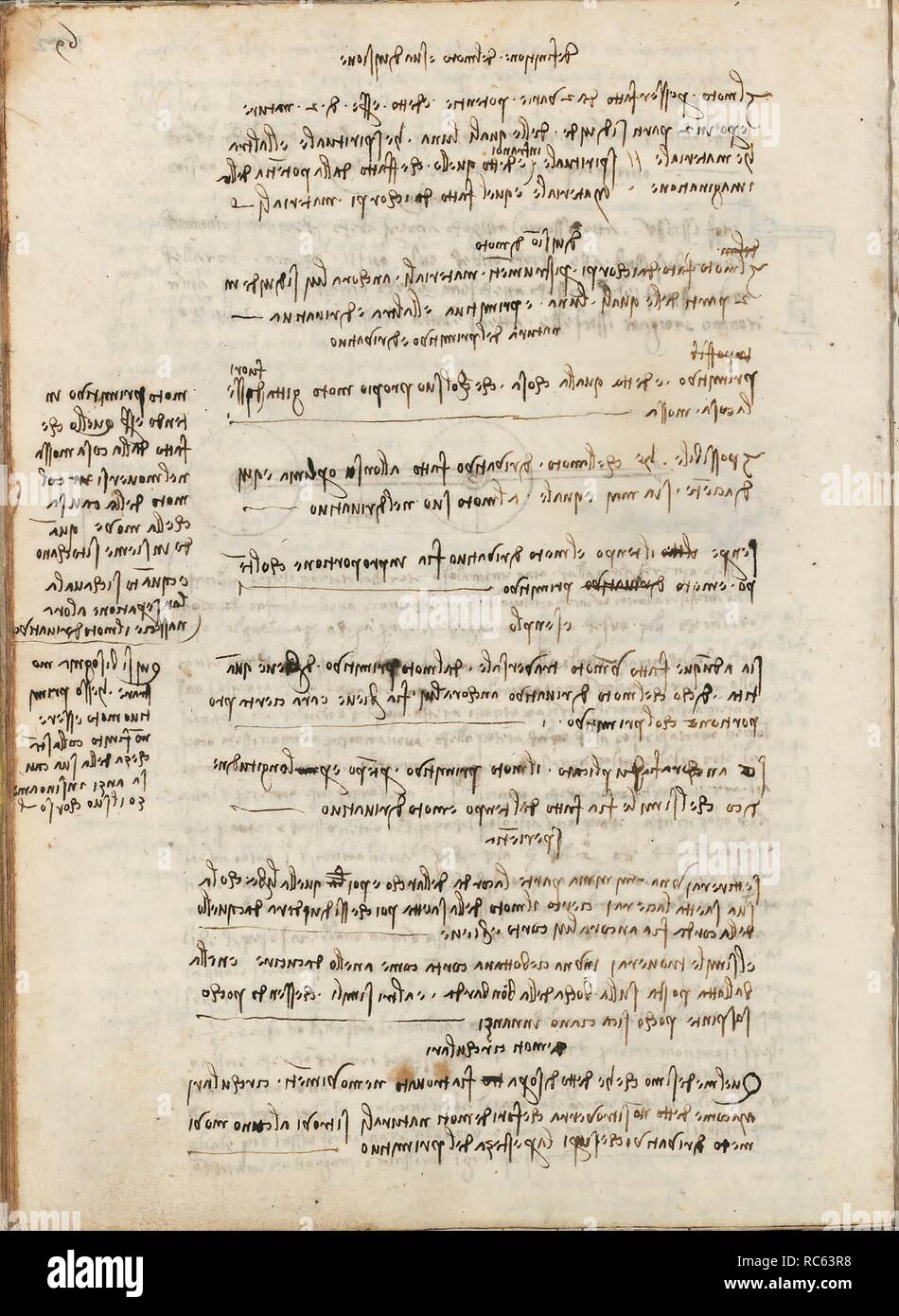 Folio f 122v. Codex Madrid I (Ms. 8937) 'Treaty of statics and mechanics', 192 folios with 384 pages. Internal format: 215 x 145 mm. APPLIED MECHANICS (MACHINES AND WITS). PRINCIPLES OF MECHANICS, CINEMATICS, DYNAMICS. Museum: BIBLIOTECA NACIONAL DE ESPAÑA, MADRID. Author: LEONARDO DA VINCI. Stock Photo