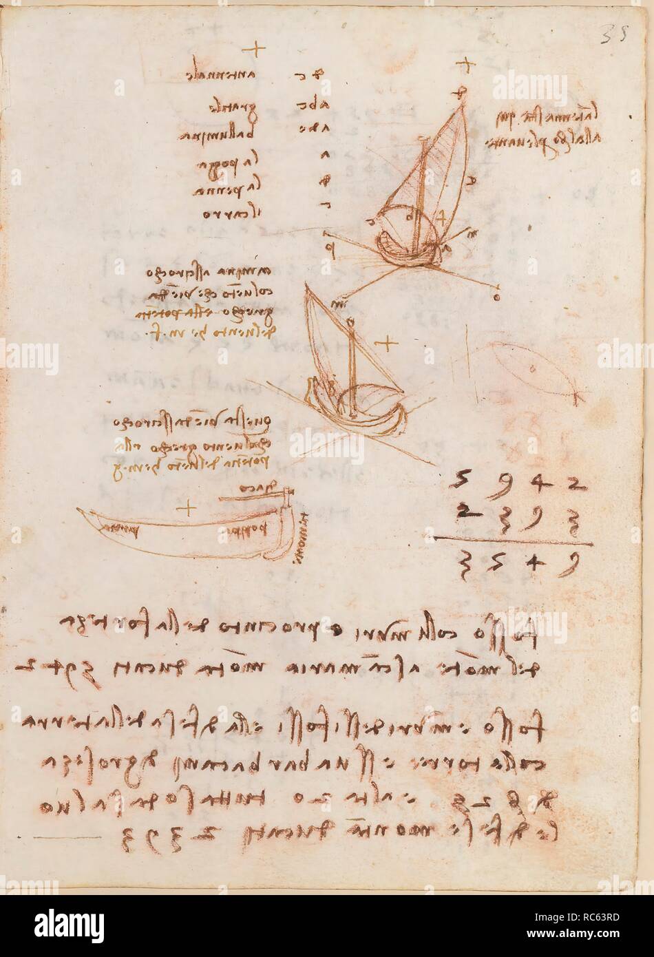 Folio f 35r. Codex Madrid II (Ms. 8936) 'Treaty of fortification, statics and geometry'. 158 folios with 316 pages. Internal format: 210 x 145 mm. CIVIL ENGINEERING, CONSTRUCTION. MILITARY ENGINEERING, FORTIFICATIONS. NAVIGATION. OBSERVATION OF NATURE. PRINCIPLES OF MECHANICS, CINEMATICS, DYNAMICS. TOPOGRAPHIC REFERENCES. Museum: BIBLIOTECA NACIONAL DE ESPAÑA, MADRID. Author: LEONARDO DA VINCI. Stock Photo