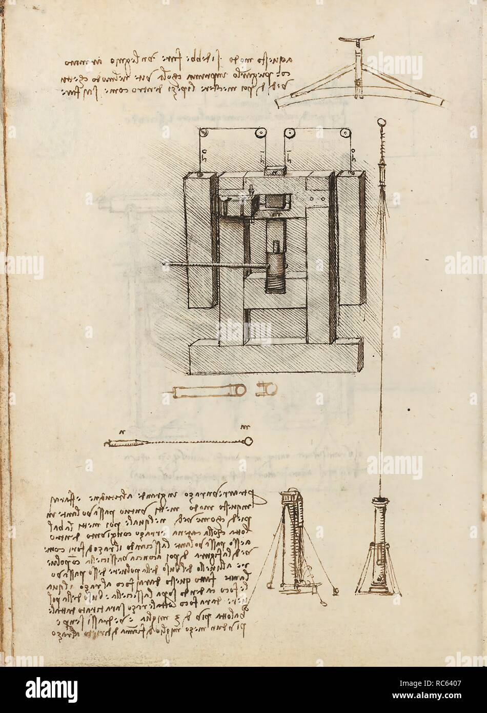 Folio f 81v. Codex Madrid I (Ms. 8937) 'Treaty of statics and mechanics', 192 folios with 384 pages. Internal format: 215 x 145 mm. CIVIL ENGINEERING, CONSTRUCTION. APPLIED MECHANICS (MACHINES AND WITS). PRINCIPLES OF MECHANICS, CINEMATICS, DYNAMICS. APPLIED MECHANICS (COMPONENTS). Museum: BIBLIOTECA NACIONAL DE ESPAÑA, MADRID. Author: LEONARDO DA VINCI. Stock Photo