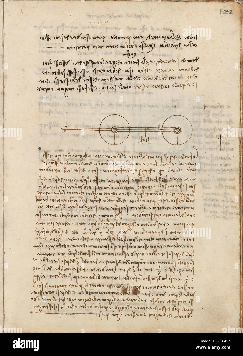 Folio f 122r. Codex Madrid I (Ms. 8937) "Treaty of statics and mechanics", 192 folios with 384 pages. Internal format: 215 x 145 mm. APPLIED MECHANICS (COMPONENTS). APPLIED MECHANICS (MACHINES AND WITS). PRINCIPLES OF MECHANICS, CINEMATICS, DYNAMICS. UNITS OF WEIGHT AND MEASURES. Museum: BIBLIOTECA NACIONAL DE ESPAÑA, MADRID. Author: LEONARDO DA VINCI. Stock Photo
