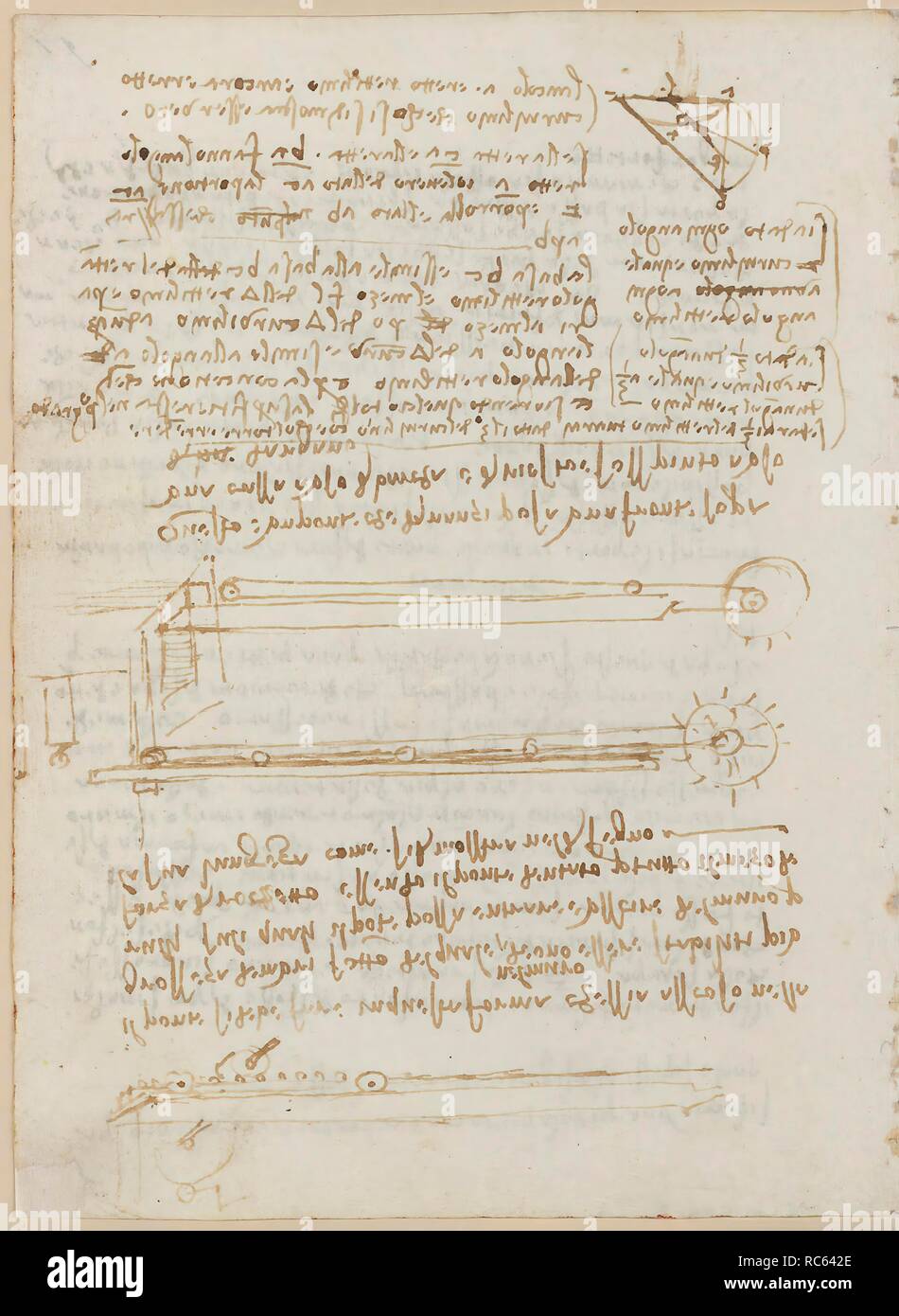 Folio f 97v. Codex Madrid II (Ms. 8936) 'Treaty of fortification, statics and geometry'. 158 folios with 316 pages. Internal format: 210 x 145 mm. CIVIL ENGINEERING, CONSTRUCTION. MILITARY ENGINEERING, FORTIFICATIONS. MATHEMATICS. APPLIED MECHANICS (COMPONENTS). PERSPECTIVE, OPTICS, PAINTING, DRAWING. Museum: BIBLIOTECA NACIONAL DE ESPAÑA, MADRID. Author: LEONARDO DA VINCI. Stock Photo