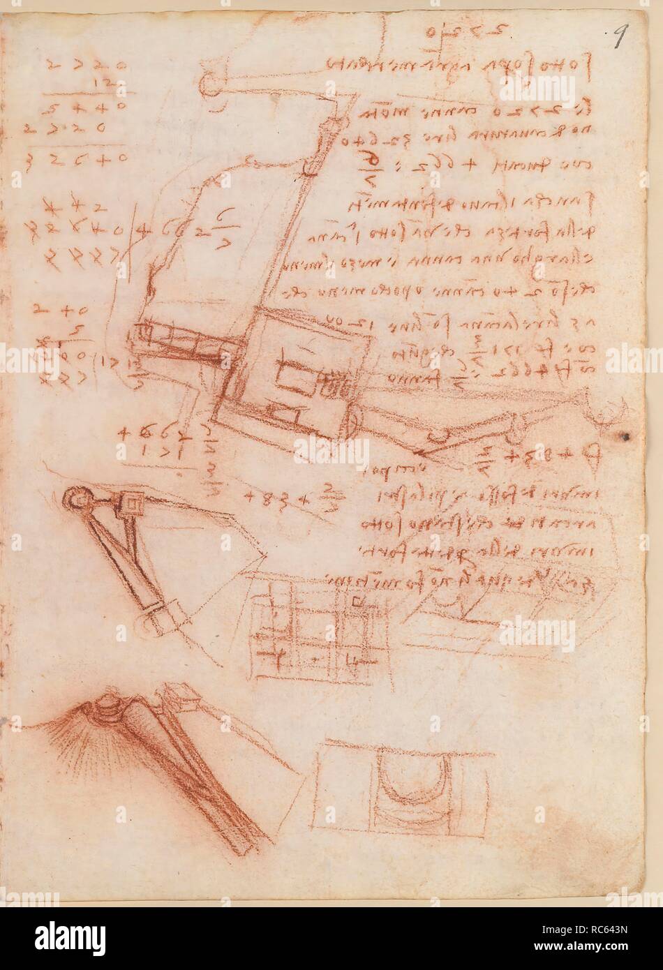 Folio f 9r. Codex Madrid II (Ms. 8936) 'Treaty of fortification, statics and geometry'. 158 folios with 316 pages. Internal format: 210 x 145 mm. CIVIL ENGINEERING, CONSTRUCTION. MILITARY ENGINEERING, FORTIFICATIONS. MATH OPERATIONS, ACCOUNTING NOTES. UNITS OF WEIGHT AND MEASURES. PRINCIPLES OF MECHANICS, CINEMATICS, DYNAMICS. Museum: BIBLIOTECA NACIONAL DE ESPAÑA, MADRID. Author: LEONARDO DA VINCI. Stock Photo