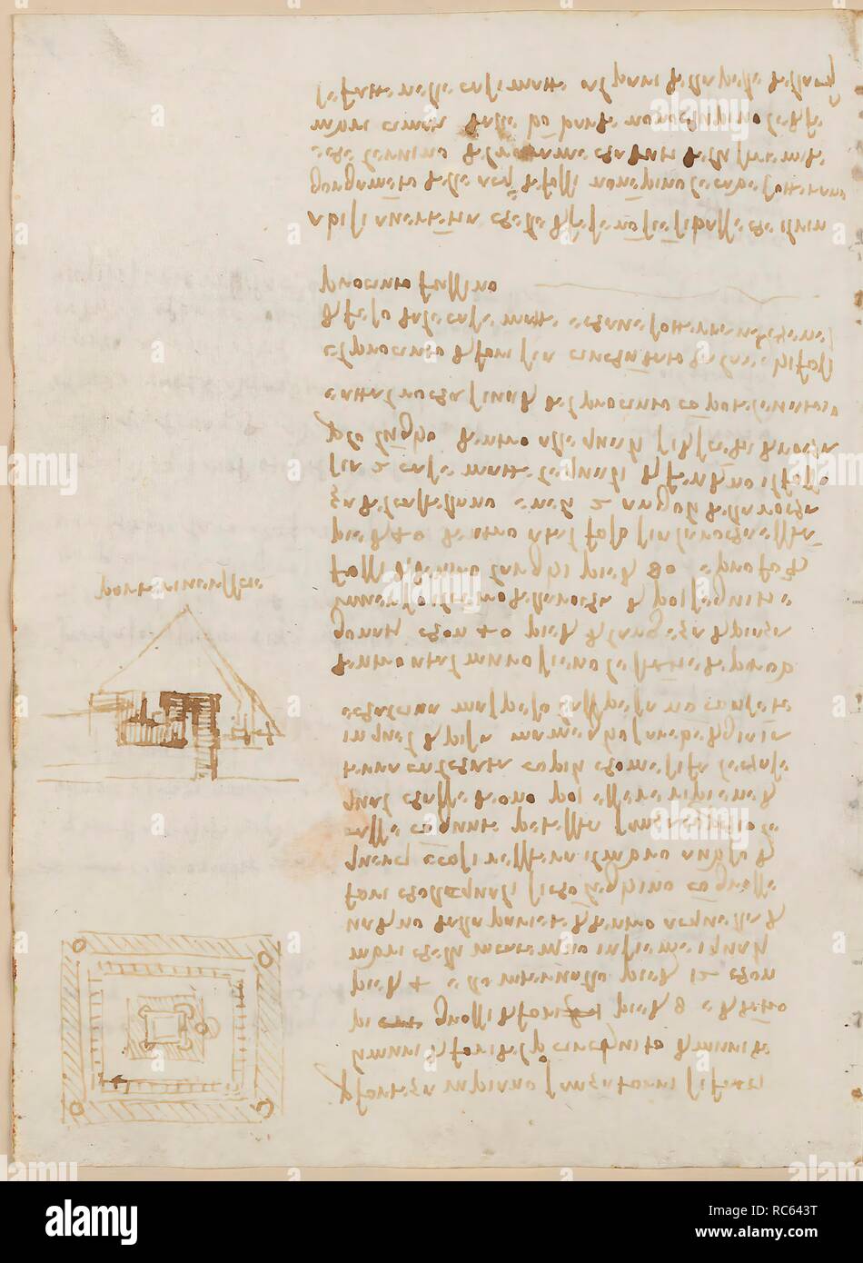 Folio f 90v. Codex Madrid II (Ms. 8936) 'Treaty of fortification, statics and geometry'. 158 folios with 316 pages. Internal format: 210 x 145 mm. MENTION OF MATERIALS. PRINCIPLES OF MECHANICS, CINEMATICS, DYNAMICS. TOPOGRAPHIC REFERENCES. MILITARY ENGINEERING, FORTIFICATIONS. Museum: BIBLIOTECA NACIONAL DE ESPAÑA, MADRID. Author: LEONARDO DA VINCI. Stock Photo