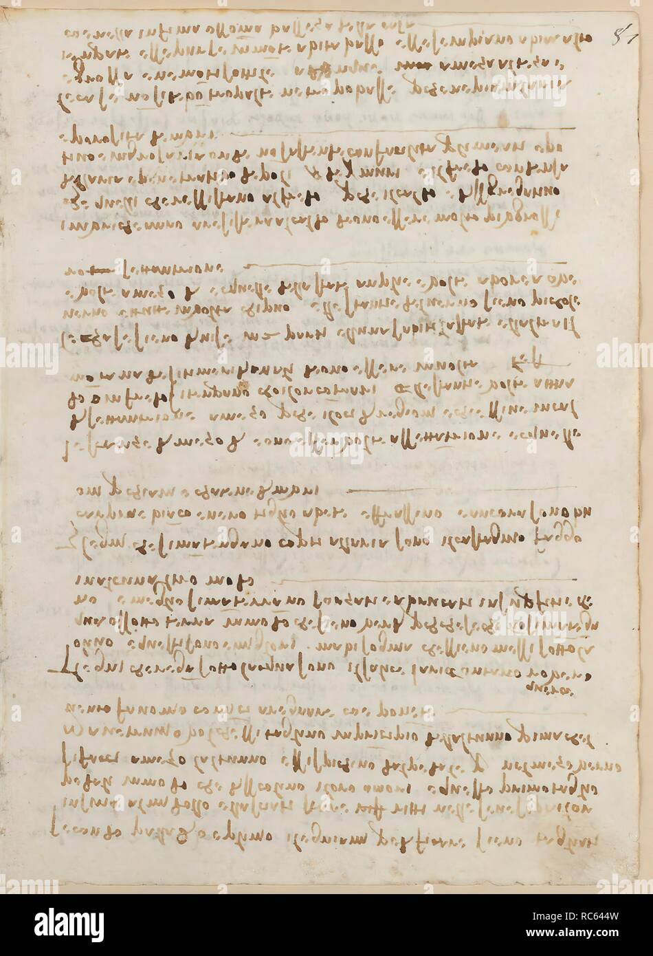 Folio f 87r. Codex Madrid II (Ms. 8936) 'Treaty of fortification, statics and geometry'. 158 folios with 316 pages. Internal format: 210 x 145 mm. AUTHORS, CHARACTERS. CIVIL ENGINEERING, CONSTRUCTION. MENTION OF MATERIALS. Museum: BIBLIOTECA NACIONAL DE ESPAÑA, MADRID. Author: LEONARDO DA VINCI. Stock Photo